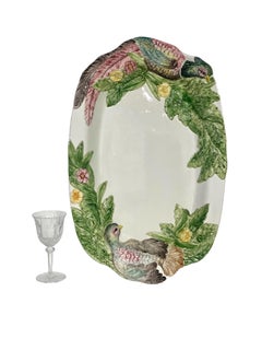French Vintage Large Majolica Serving Platter with Handpainted Pheasant Designs