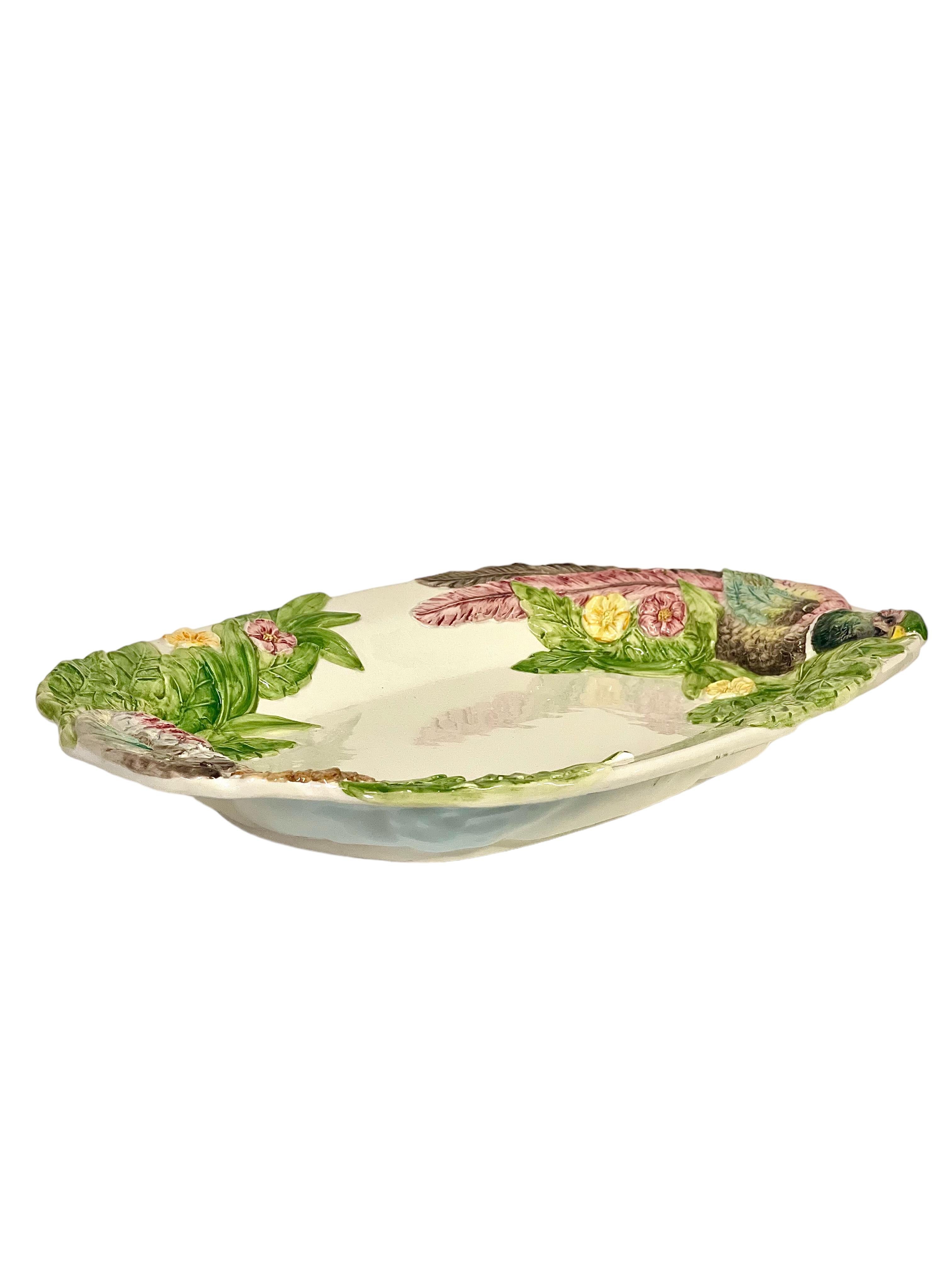 French Vintage Large Majolica Serving Platter with Handpainted Pheasant Designs For Sale 4