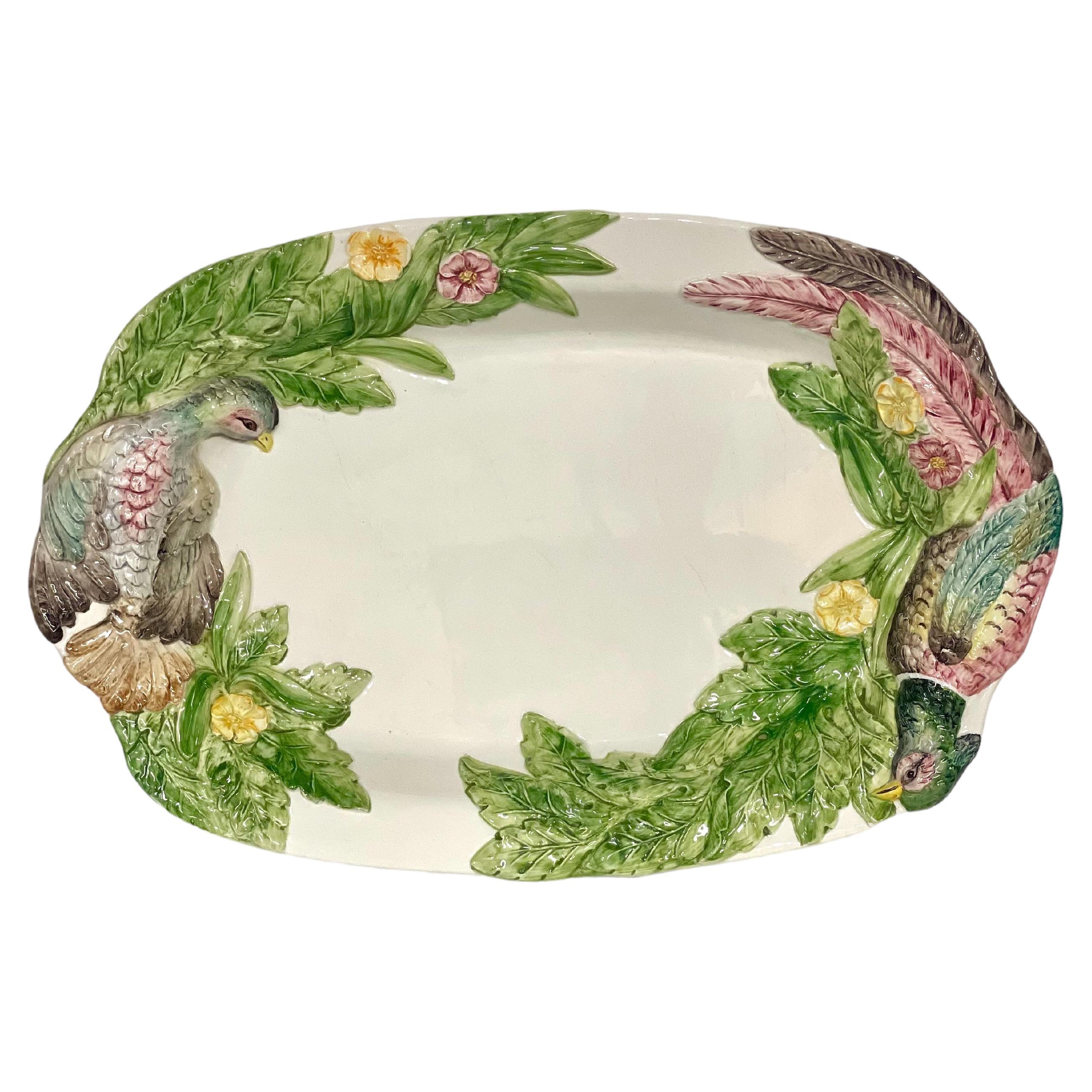 French Vintage Large Majolica Serving Platter with Handpainted Pheasant Designs