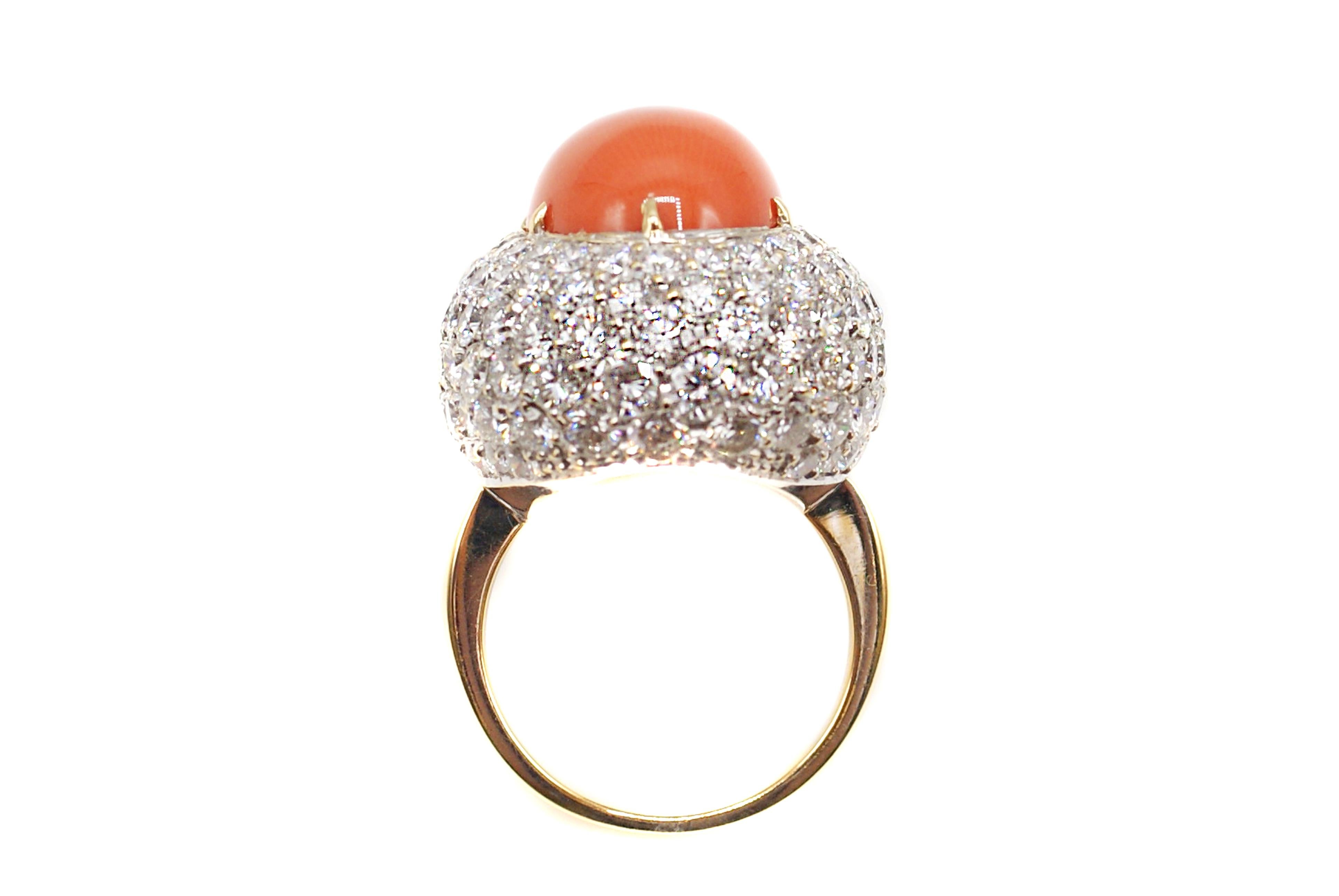 Cabochon Impressive Mediterranean Coral Diamond 18 Karat Gold Ring For Sale
