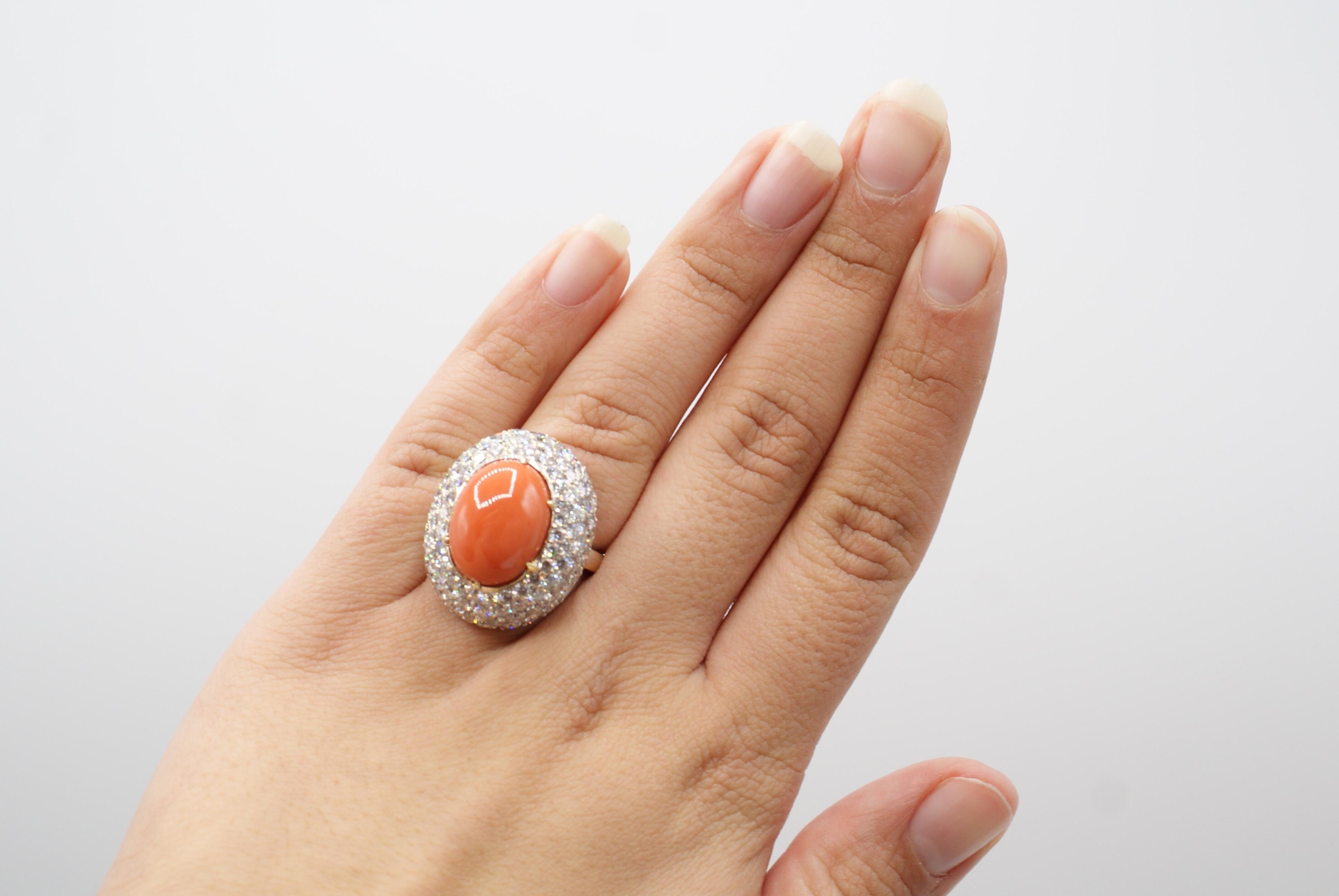 Cabochon Impressive Mediterranean Coral Diamond 18 Karat Gold Ring For Sale