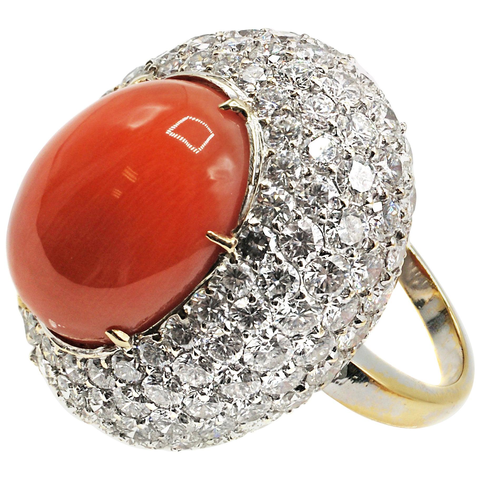 Impressive Mediterranean Coral Diamond 18 Karat Gold Ring For Sale