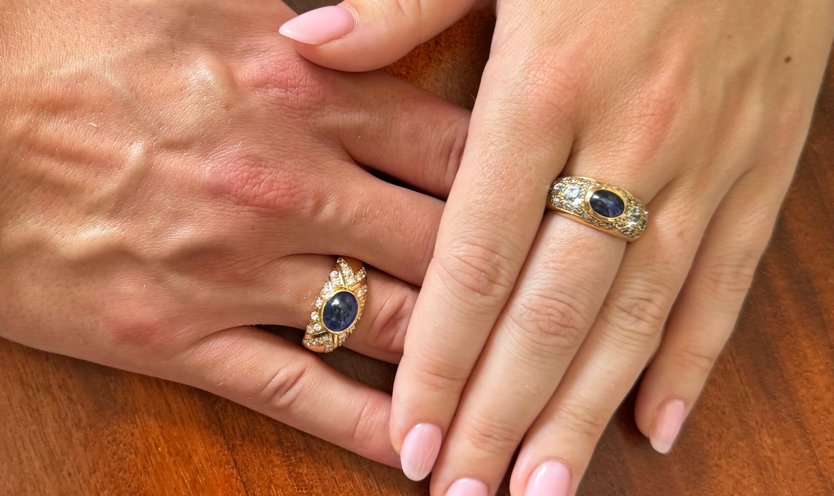 Ring with a cabochon-cut sapphire weighing approx. 3.50 ct and 26 brilliant-cut diamonds with a total weight of approx. 0.60 ct, E-F color and high VS purity.

This impressive ring is made of 18 carat yellow gold.

Product weight: 10.16 g,

Ring