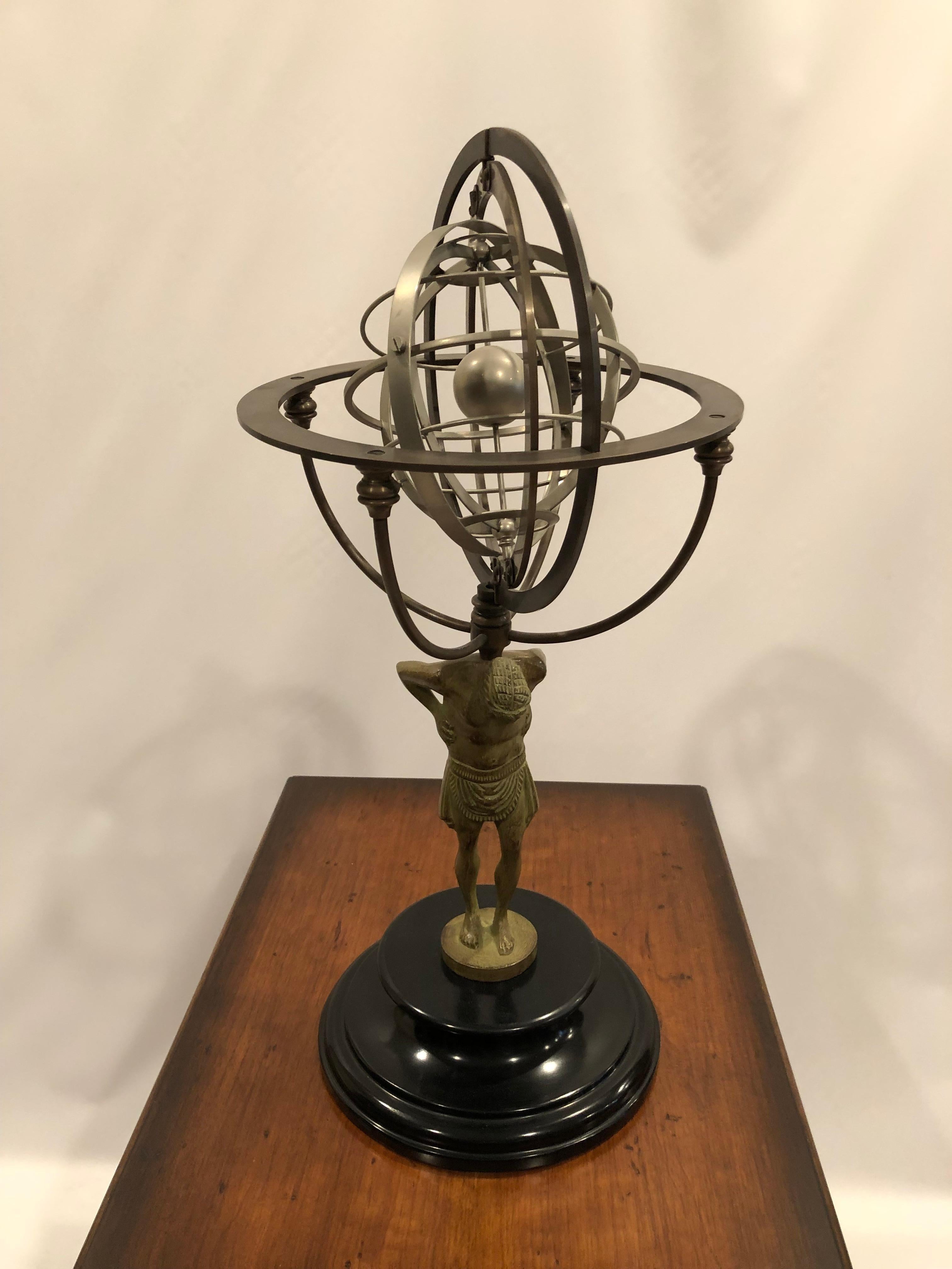 Impressive Metal Armillary Sculpture with Man and Globe on Shoulders For Sale 6