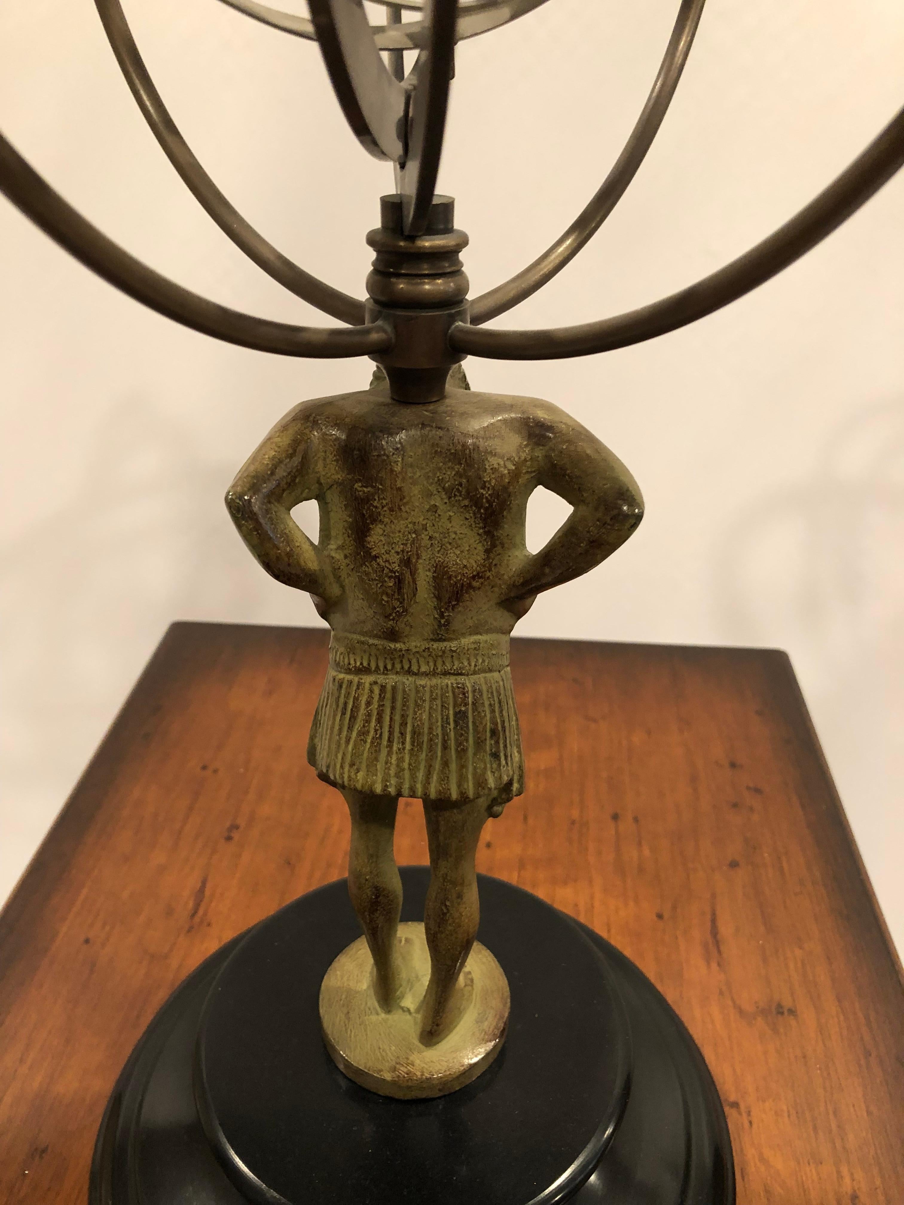 Impressive Metal Armillary Sculpture with Man and Globe on Shoulders In Good Condition For Sale In Hopewell, NJ