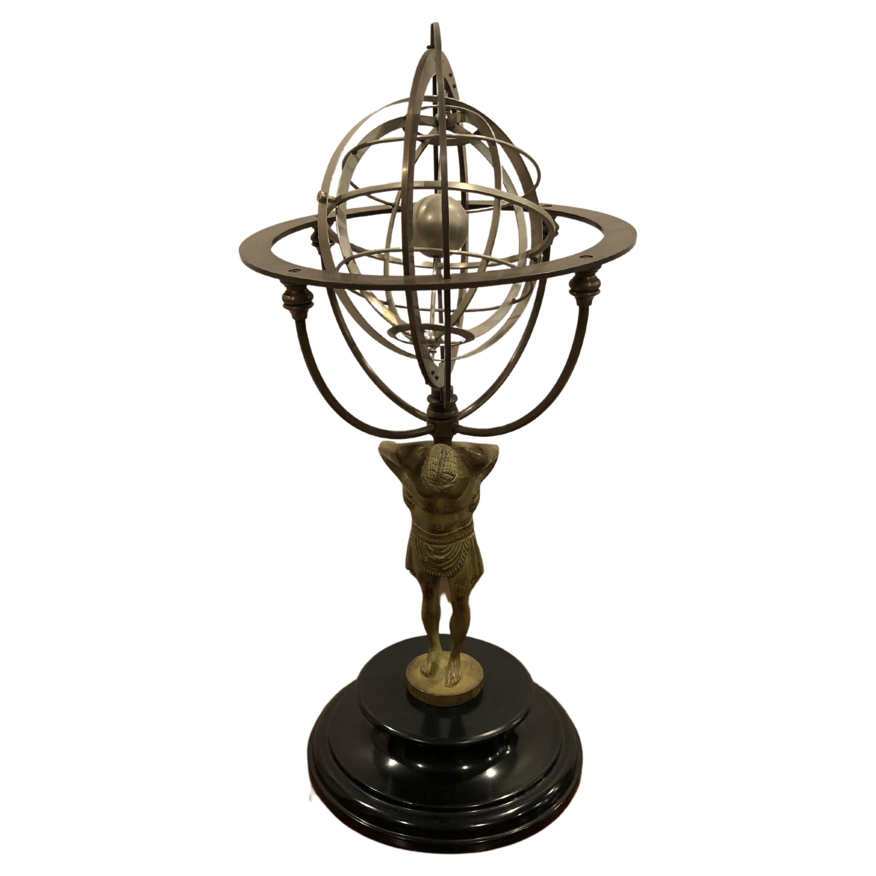 Impressive Metal Armillary Sculpture with Man and Globe on Shoulders For Sale