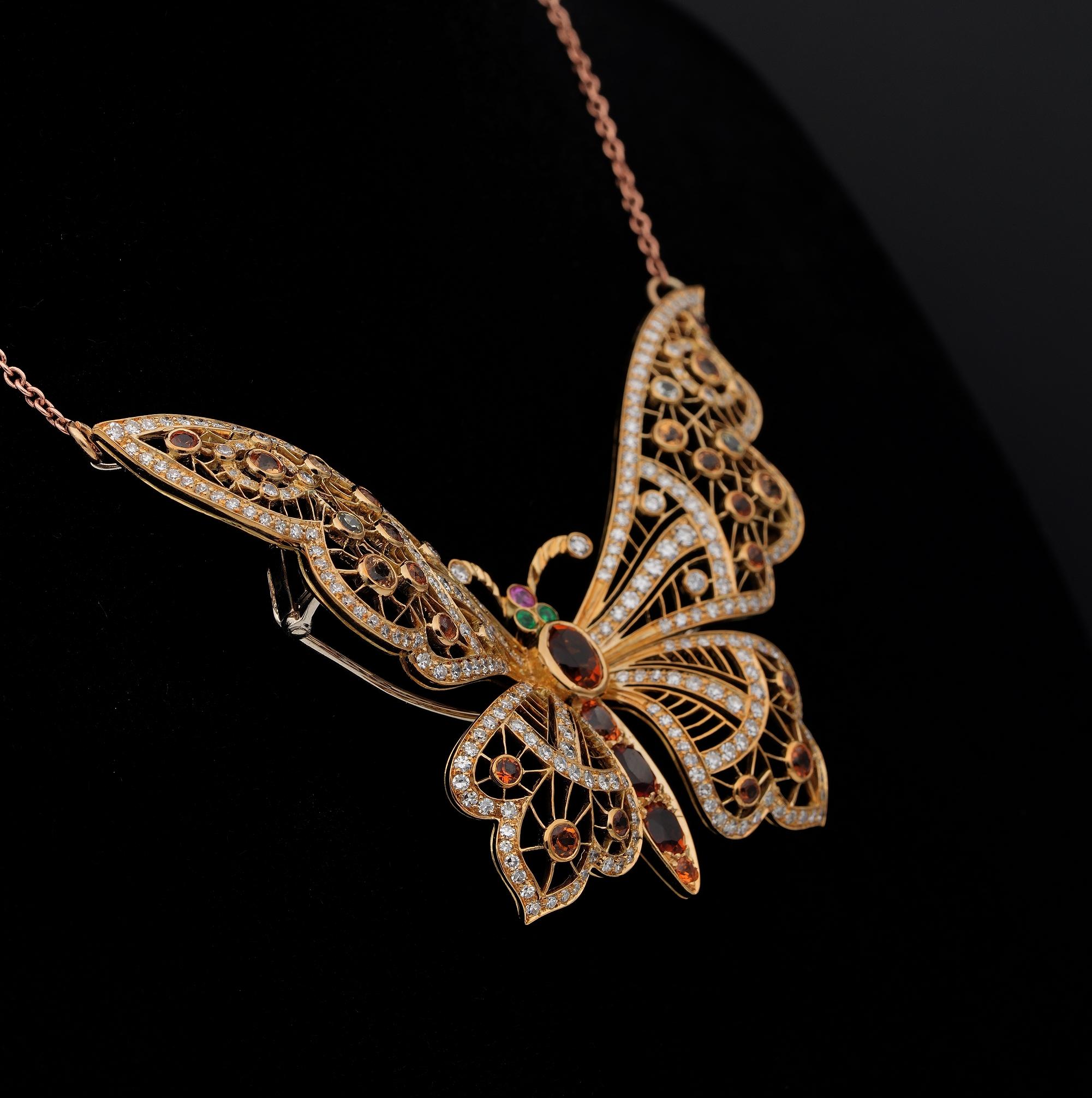 Impressive Midcentury 5.20 Ct Madeira Citrine 5.20 Ct Diamond Butterfly Pendant In Good Condition In Napoli, IT