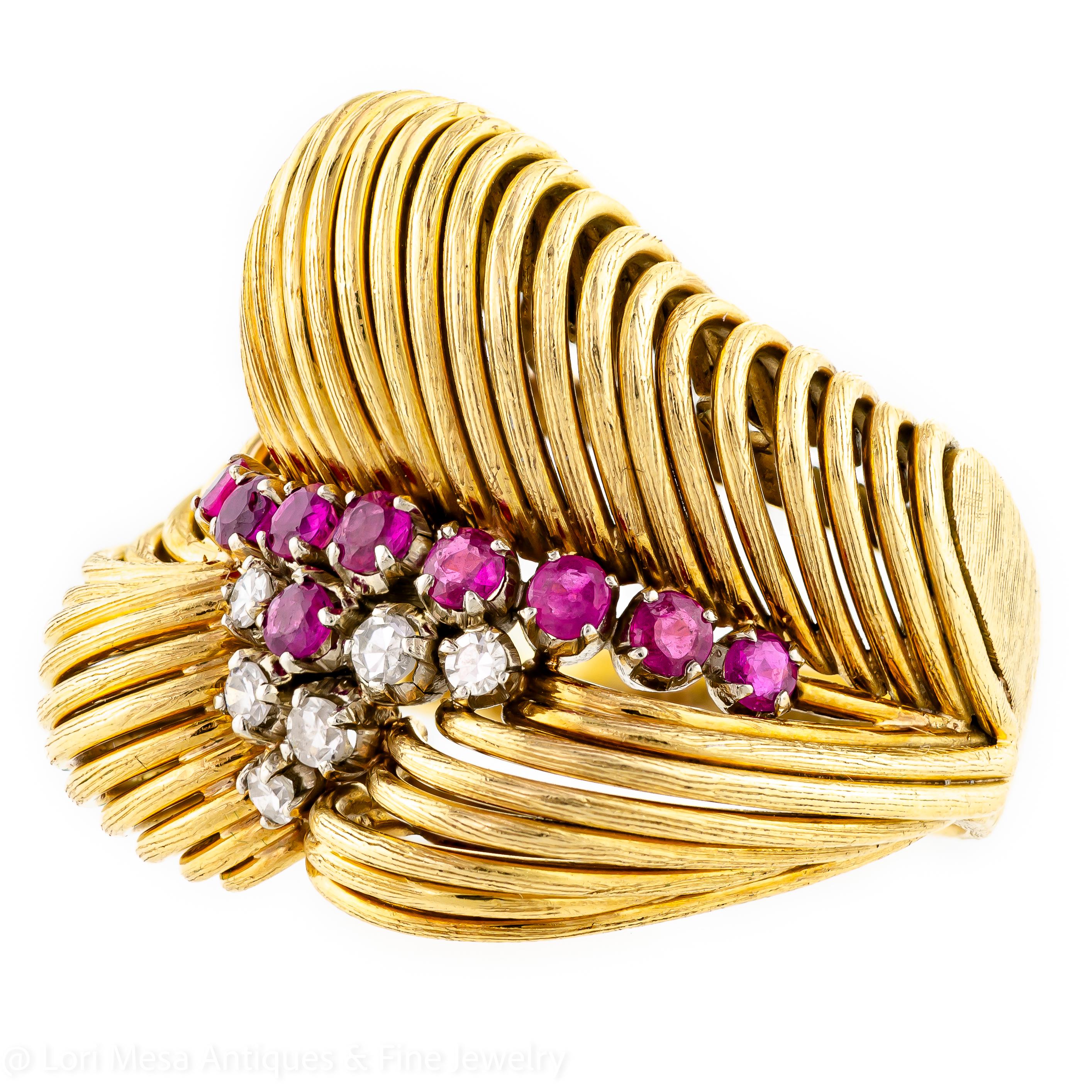 This stunning Mid-Century ring, crafted around 1945, showcases a beautiful arrangement of rubies and diamonds meticulously set in lustrous 14-karat yellow gold. The ring is adorned with a total of nine (9) round mixed-cut rubies, each measuring