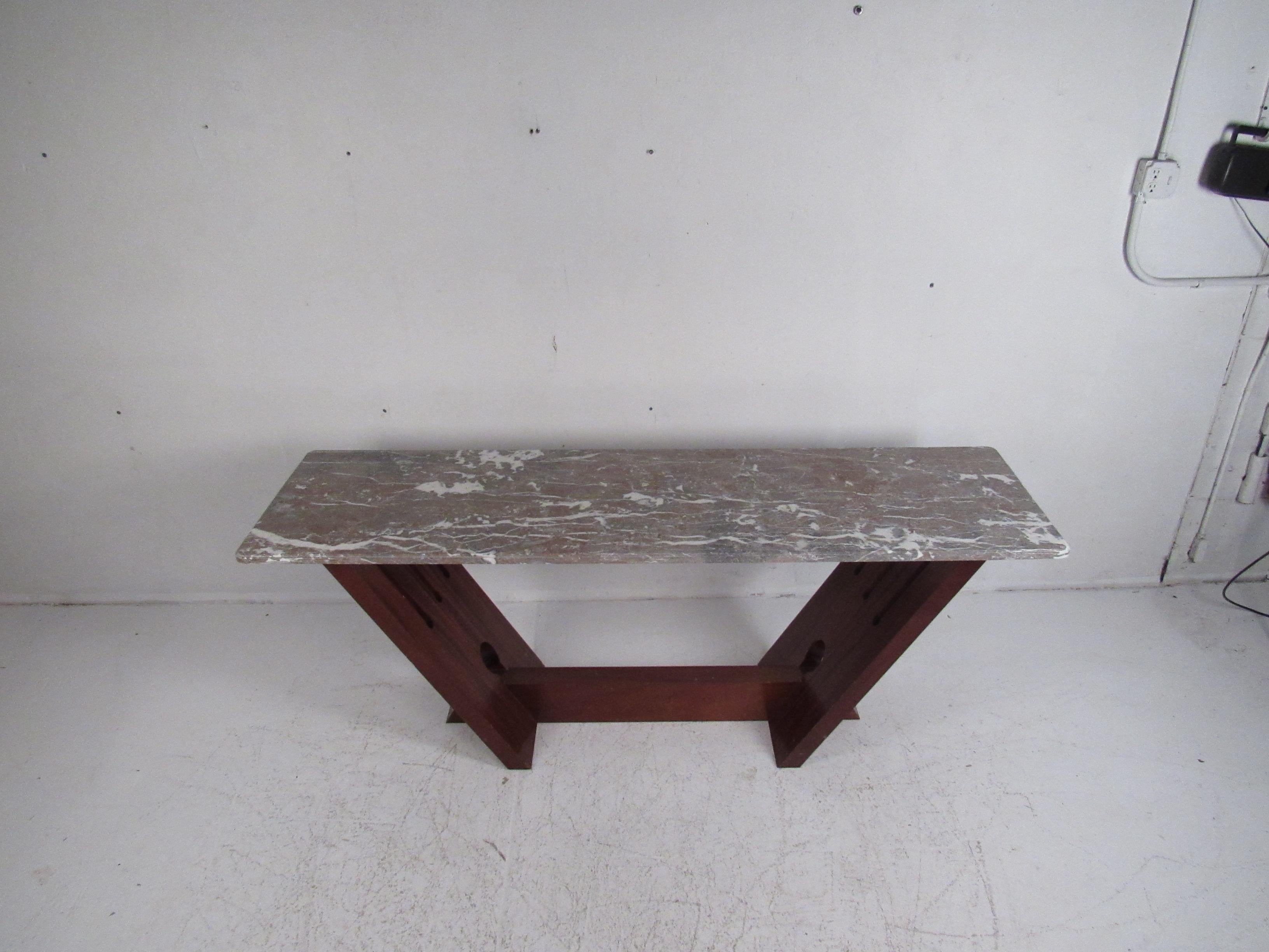 Impressive Midcentury Marble-Top Studio Made Console Table In Good Condition For Sale In Brooklyn, NY