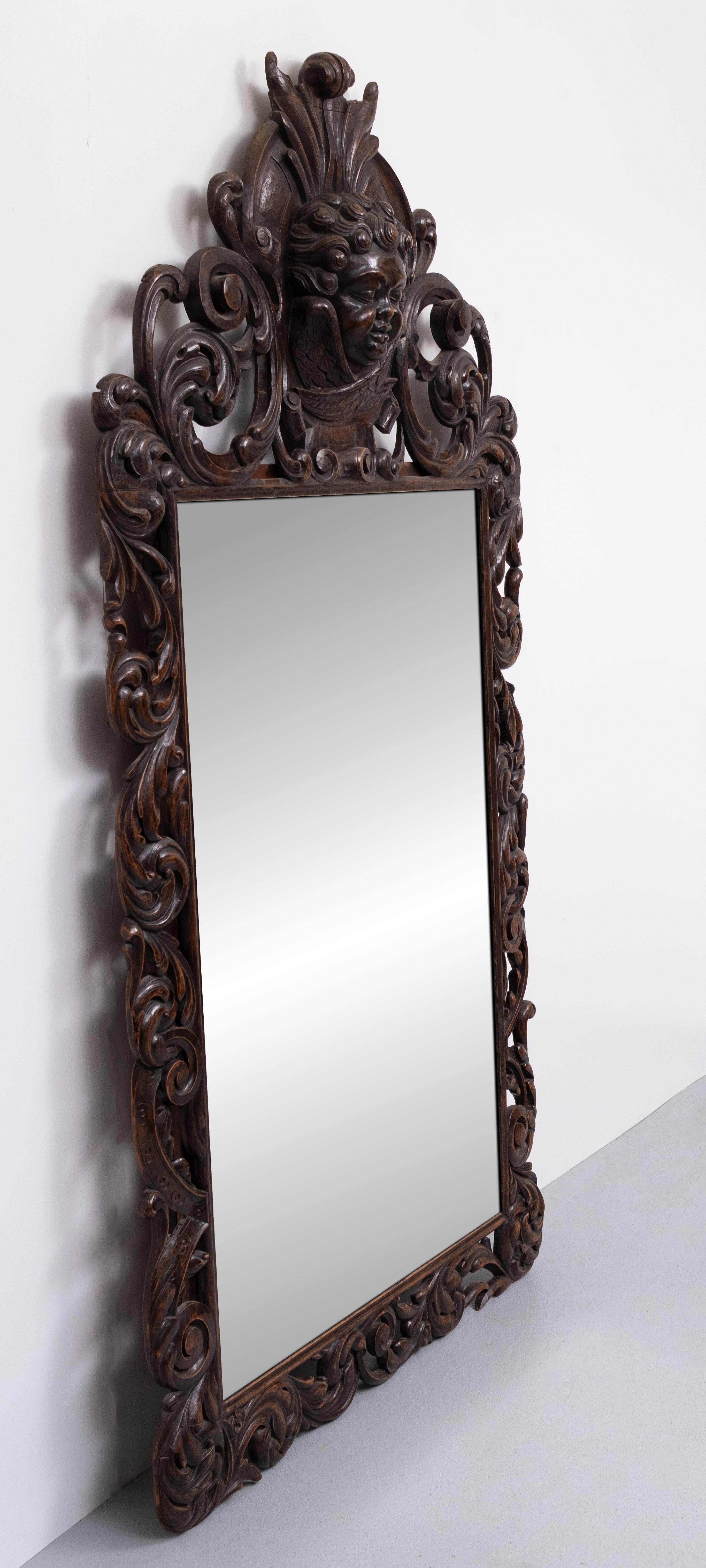 Olandese Impressive  Monumental 18 Century  Antique  Cherub Oak  mirror  Holland in vendita