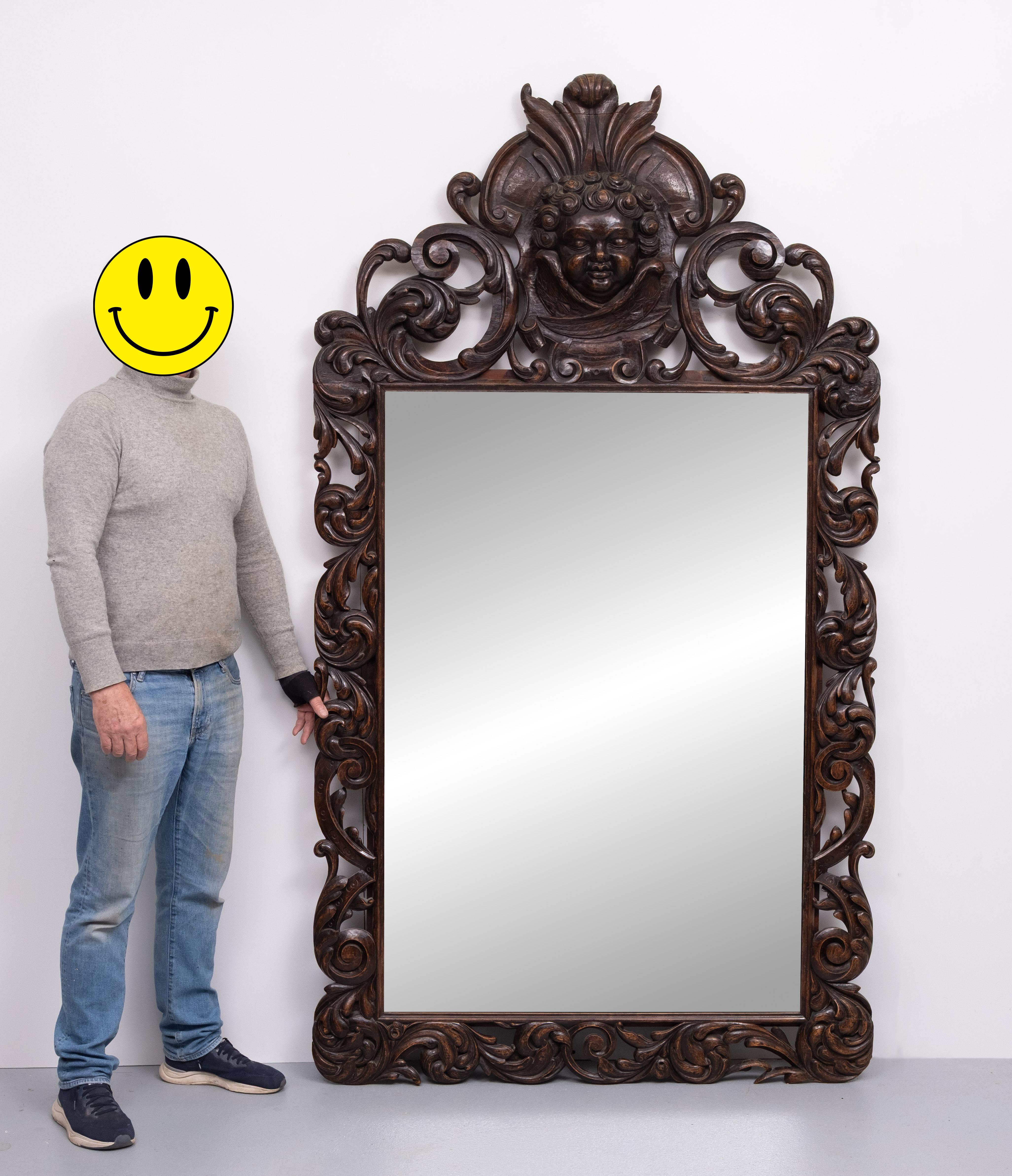 Fine XVIII secolo Impressive  Monumental 18 Century  Antique  Cherub Oak  mirror  Holland in vendita