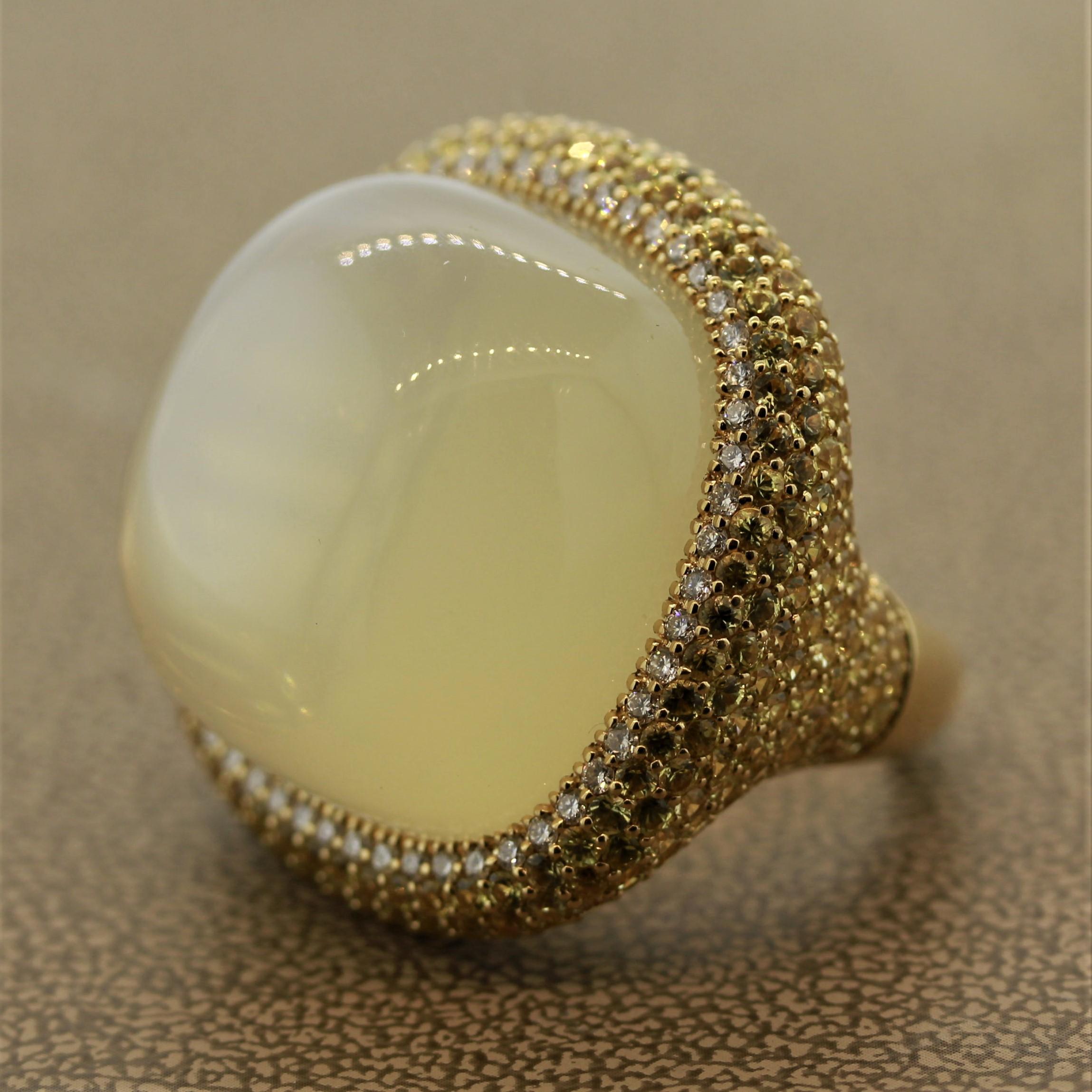 Mixed Cut Impressive Moonstone Diamond Yellow Sapphire Gold Cocktail Ring For Sale