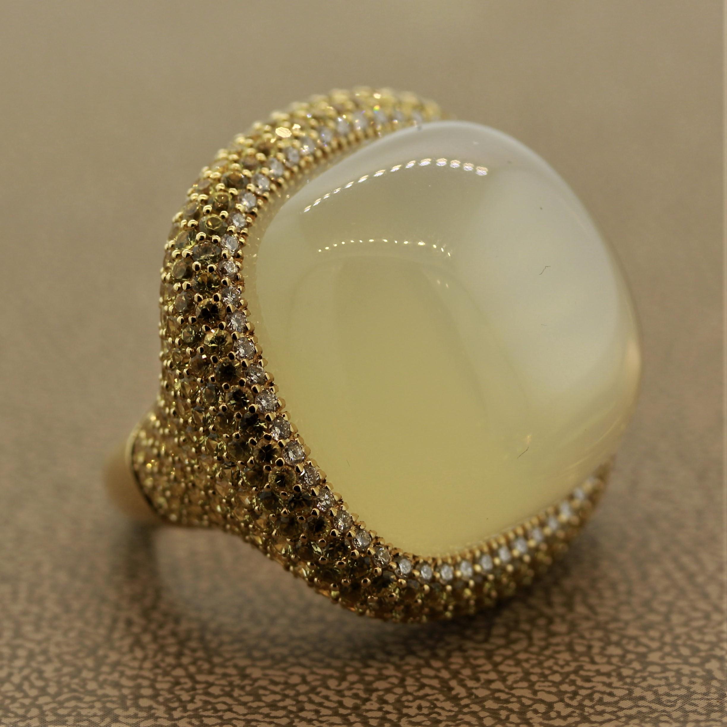 Impressive Moonstone Diamond Yellow Sapphire Gold Cocktail Ring For Sale 2