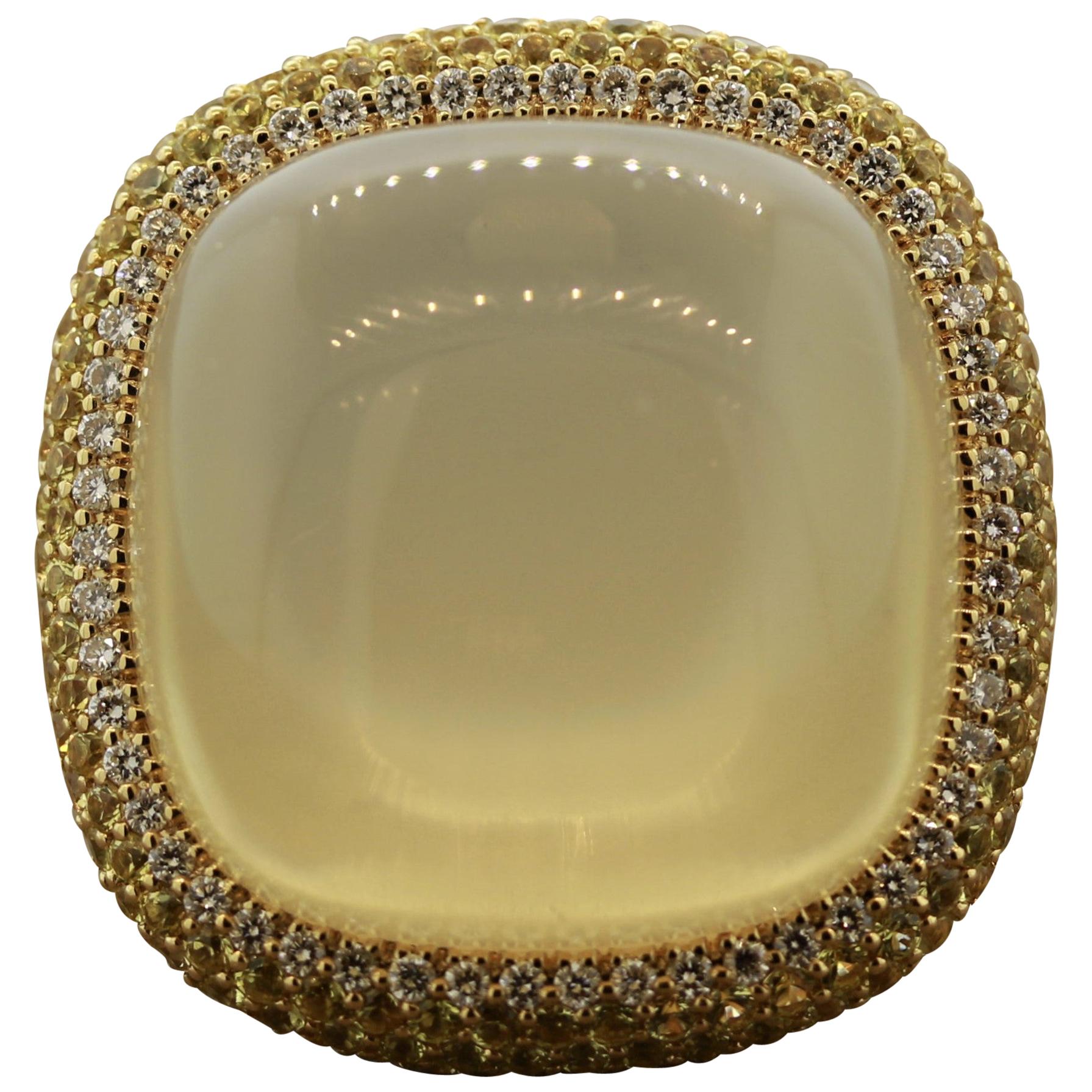 Impressive Moonstone Diamond Yellow Sapphire Gold Cocktail Ring For Sale