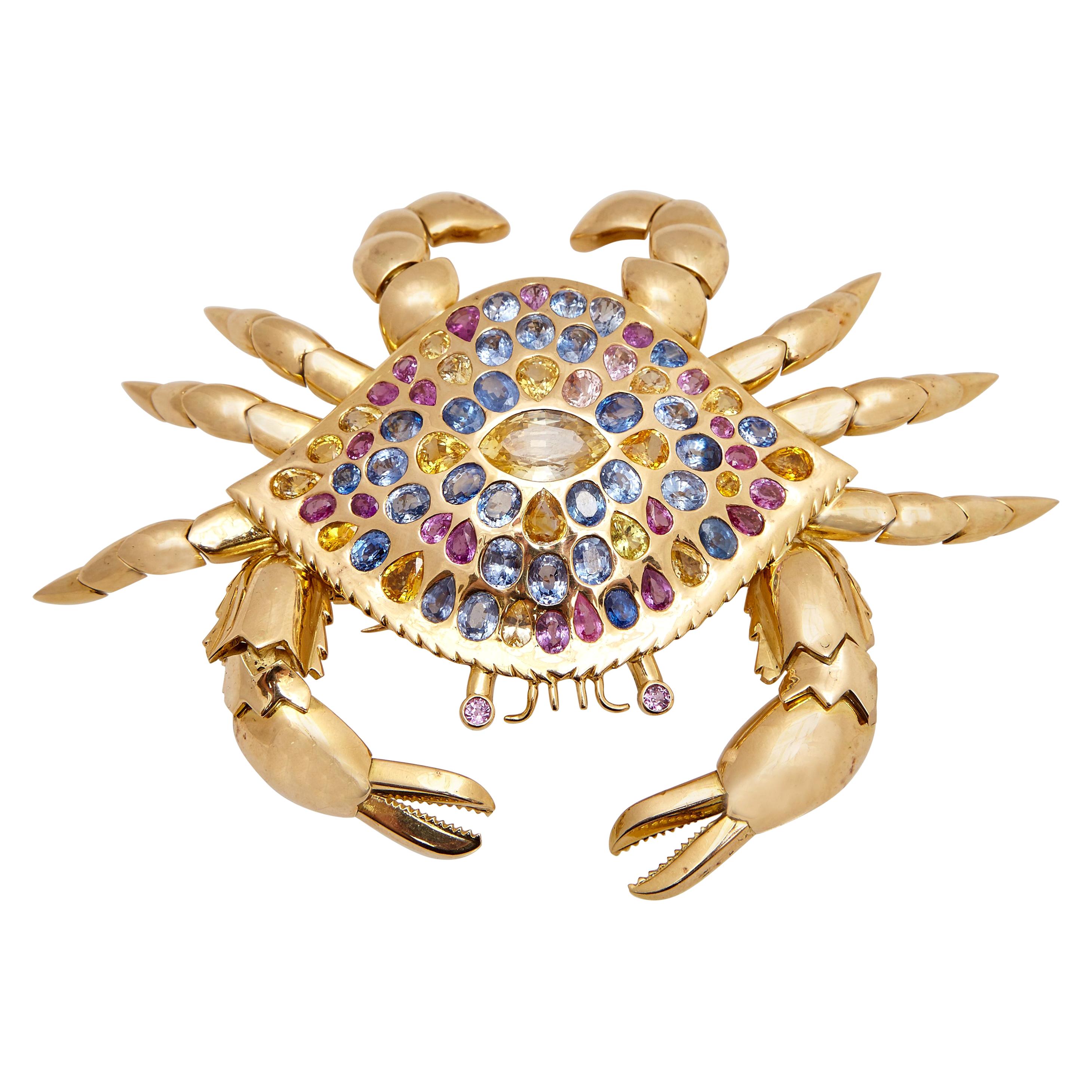 Impressionnante broche crabe en saphirs multicolores