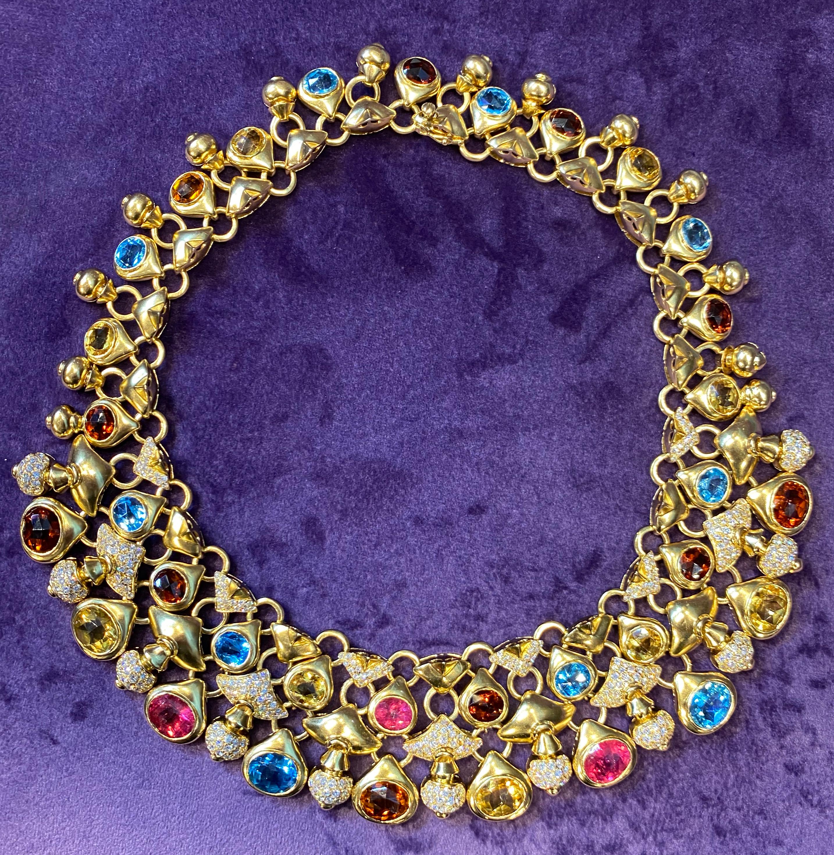Round Cut Impressive Multi Gem and Diamond Gold Necklace by Moussaieff