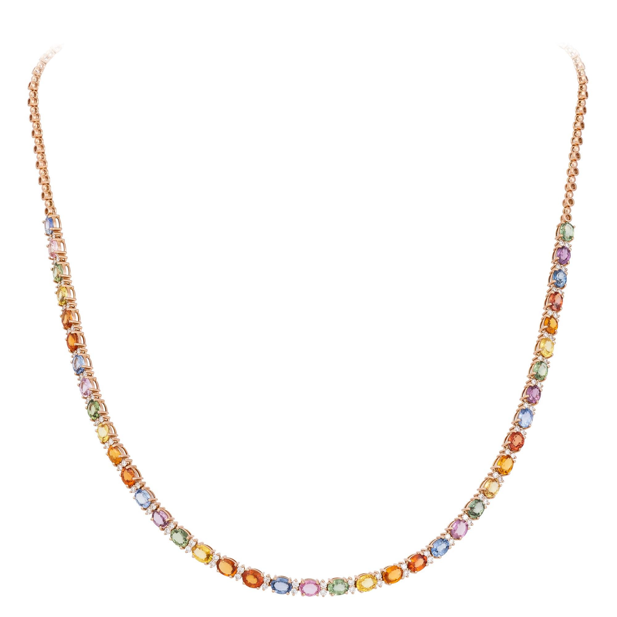 Necklace Rose Gold 18 K 
Diamonds 1.02 Cts/76 Pcs
Multi Sapphire 16.58 Cts/39 Pcs

Weight 16.2 grams
Length 42 cm (Adjustable= 

With a heritage of ancient fine Swiss jewelry traditions, NATKINA is a Geneva based jewellery brand, which creates