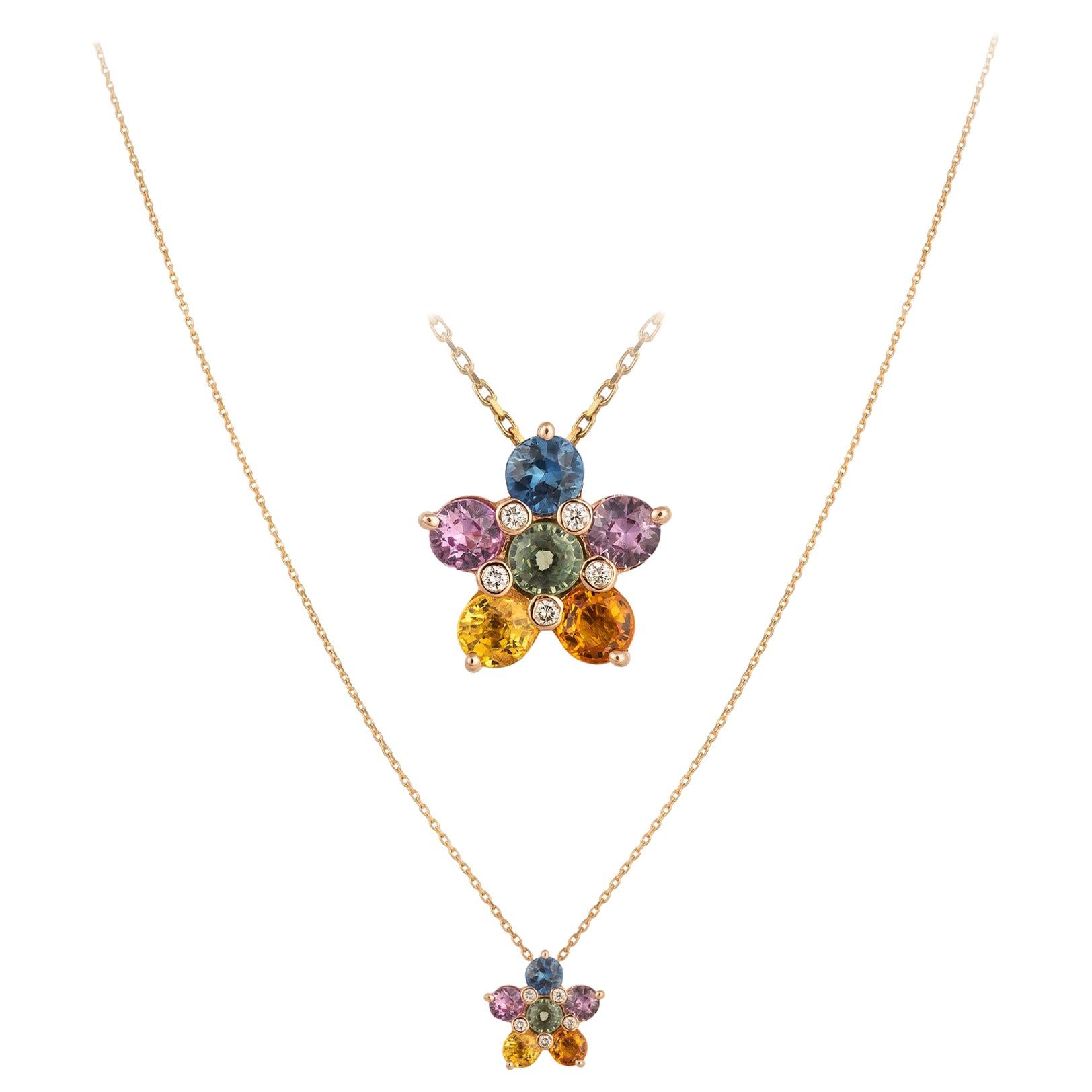 Impressive Multi Sapphire Diamond 18 Karat Rose Gold Necklace for Her