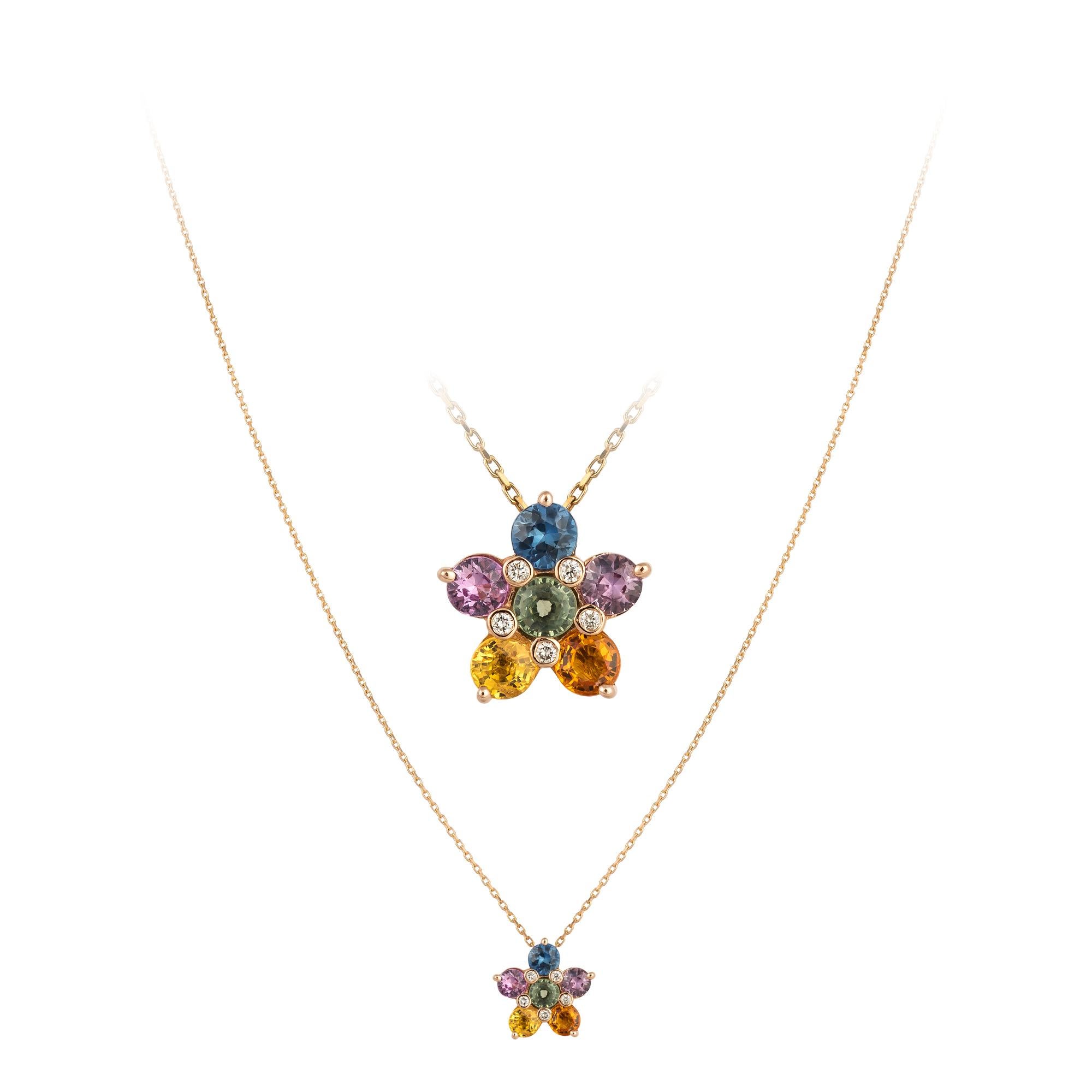 Taille rose Impressionnant collier en or rose 18 carats avec saphirs multicolores et diamants pour elle en vente