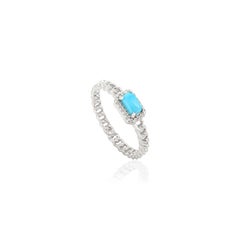 Impressive Natural Baguette Turquoise & Halo Diamonds 14K Solid White Gold Ring
