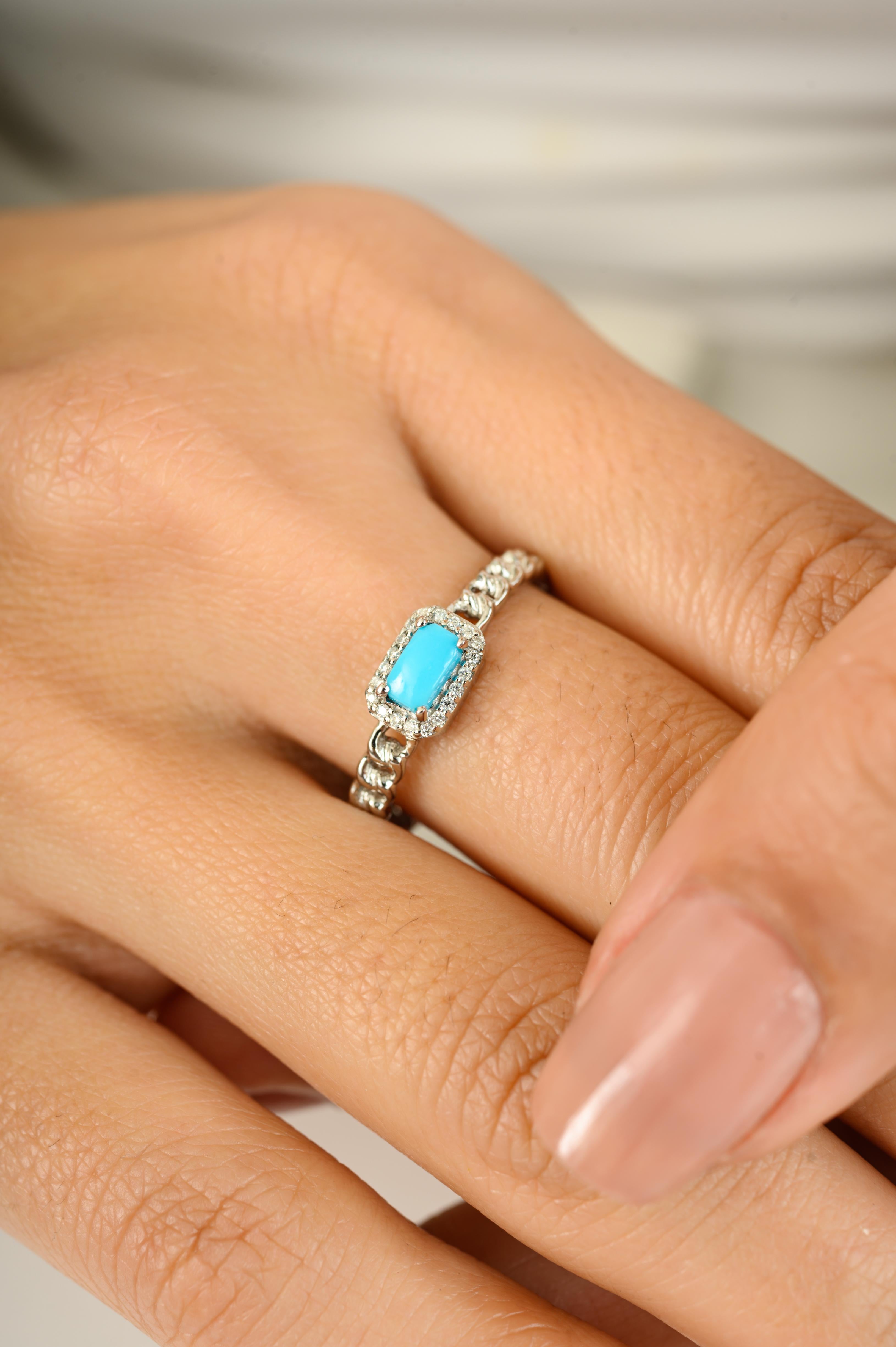 For Sale:  Impressive Natural Baguette Turquoise & Halo Diamonds 14K Solid White Gold Ring 3