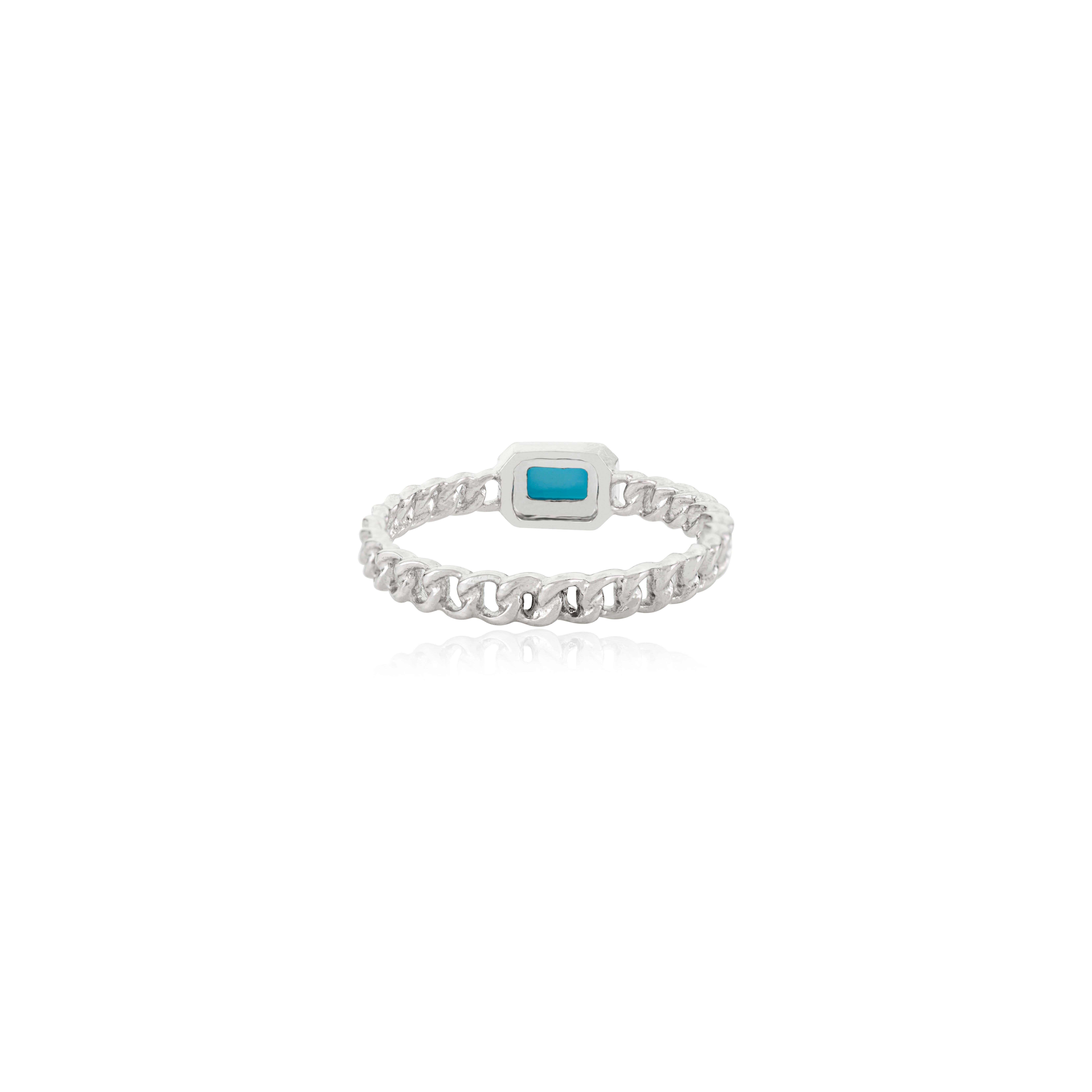 For Sale:  Impressive Natural Baguette Turquoise & Halo Diamonds 14K Solid White Gold Ring 8