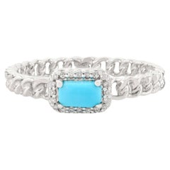 Beeindruckender Ring aus 14 Karat massivem Weißgold mit natürlichem Baguette-Türkis und Halo-Diamanten