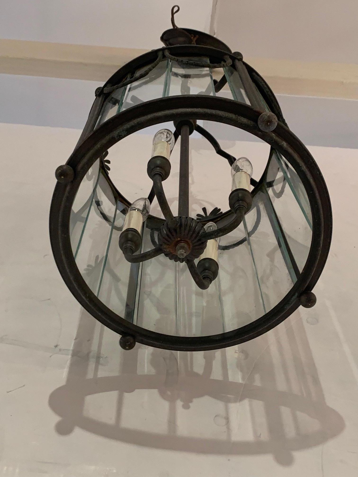 North American Impressive Neoclassical Patinated Bronze & Glass Pendant Chandelier Lantern For Sale