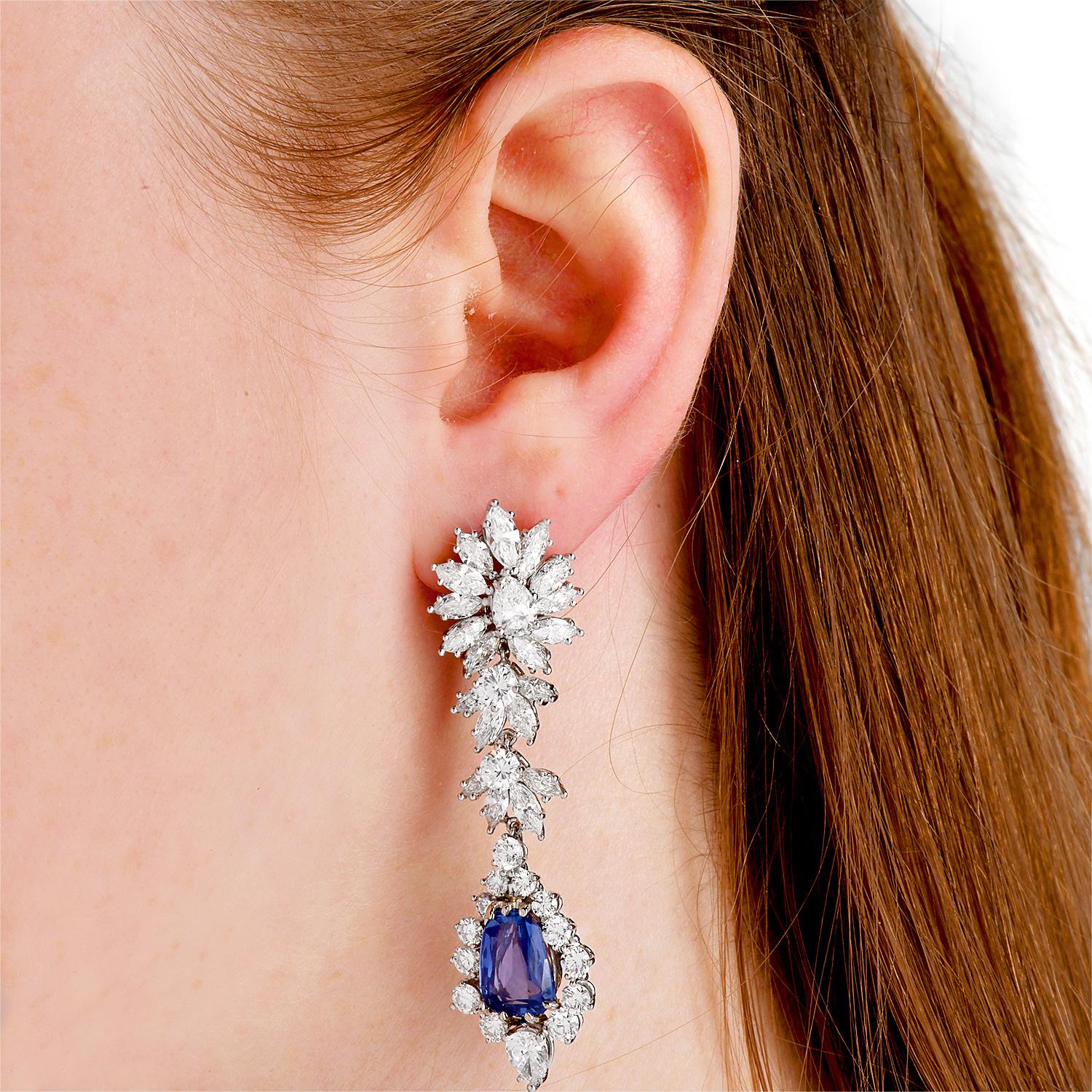hese gorgeous Estate Diamond No-Heat Ceylon Sapphire Platinum Earrings! 

They display two bright genuine Blue sapphires, Ceylon Origin without any treatments ( No Heat), tapered cushion-cut, prong-set, approximately 8.27 in total ( one 4.12 carats