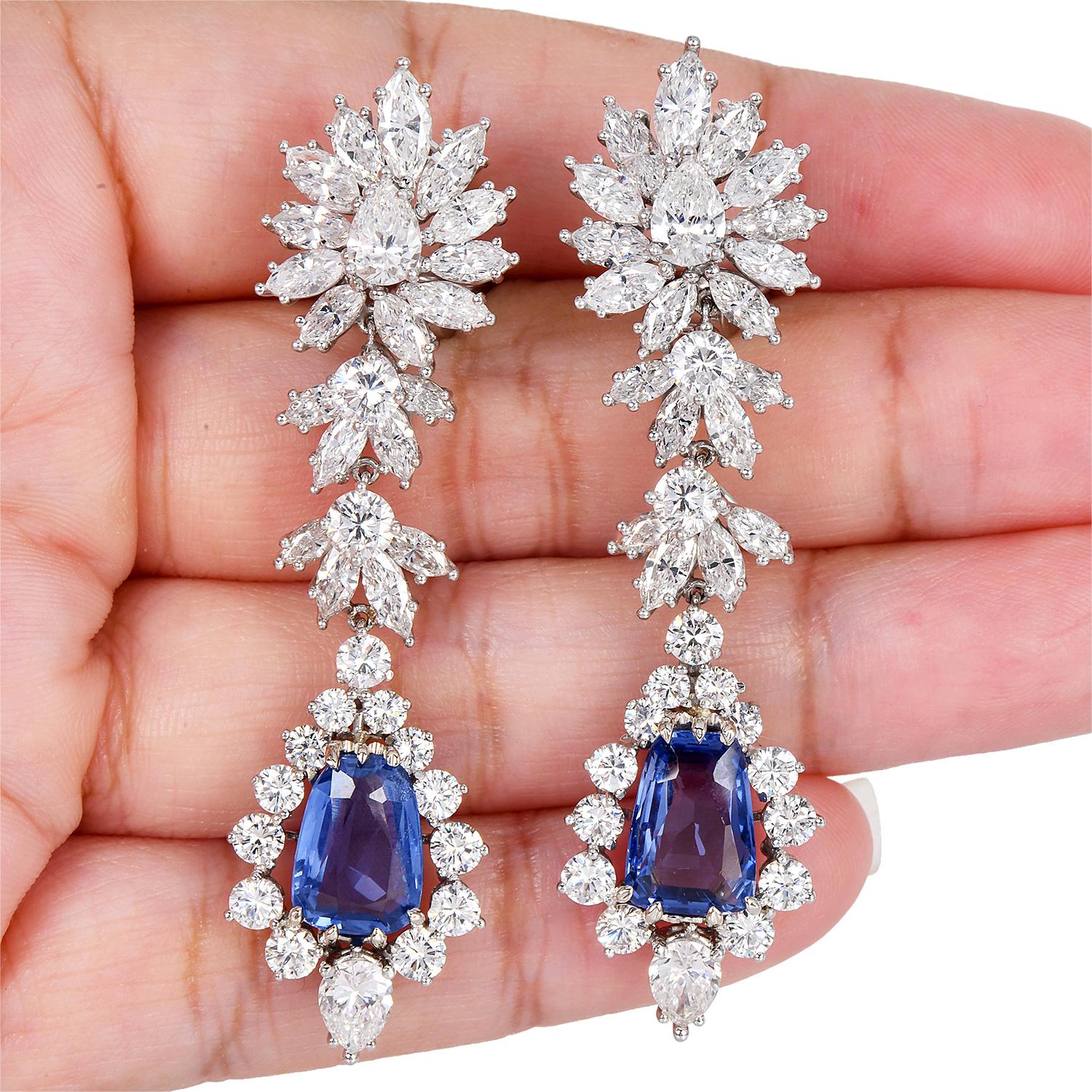 Impressive No-Heat Ceylon Sapphire Diamond Platinum  Drop Earrings For Sale 1