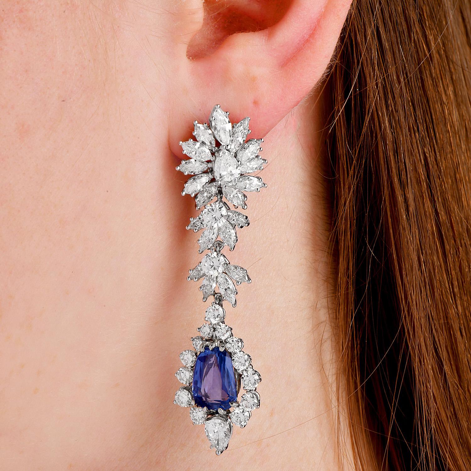 Impressive No-Heat Ceylon Sapphire Diamond Platinum  Drop Earrings For Sale 2