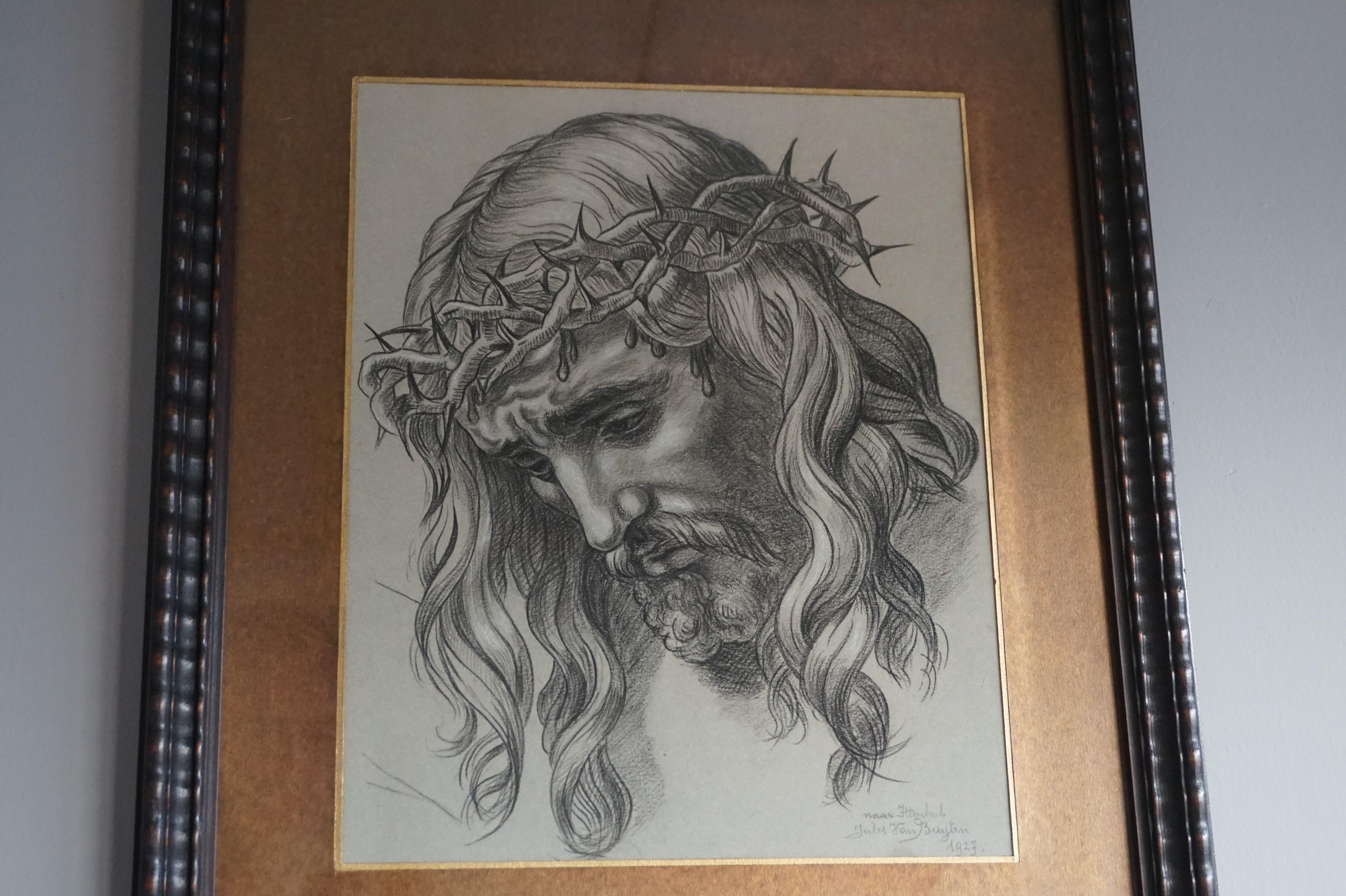 20th Century Impressive One of a Kind Antique Drawing of Christ Suffering, after F. Ittenbach