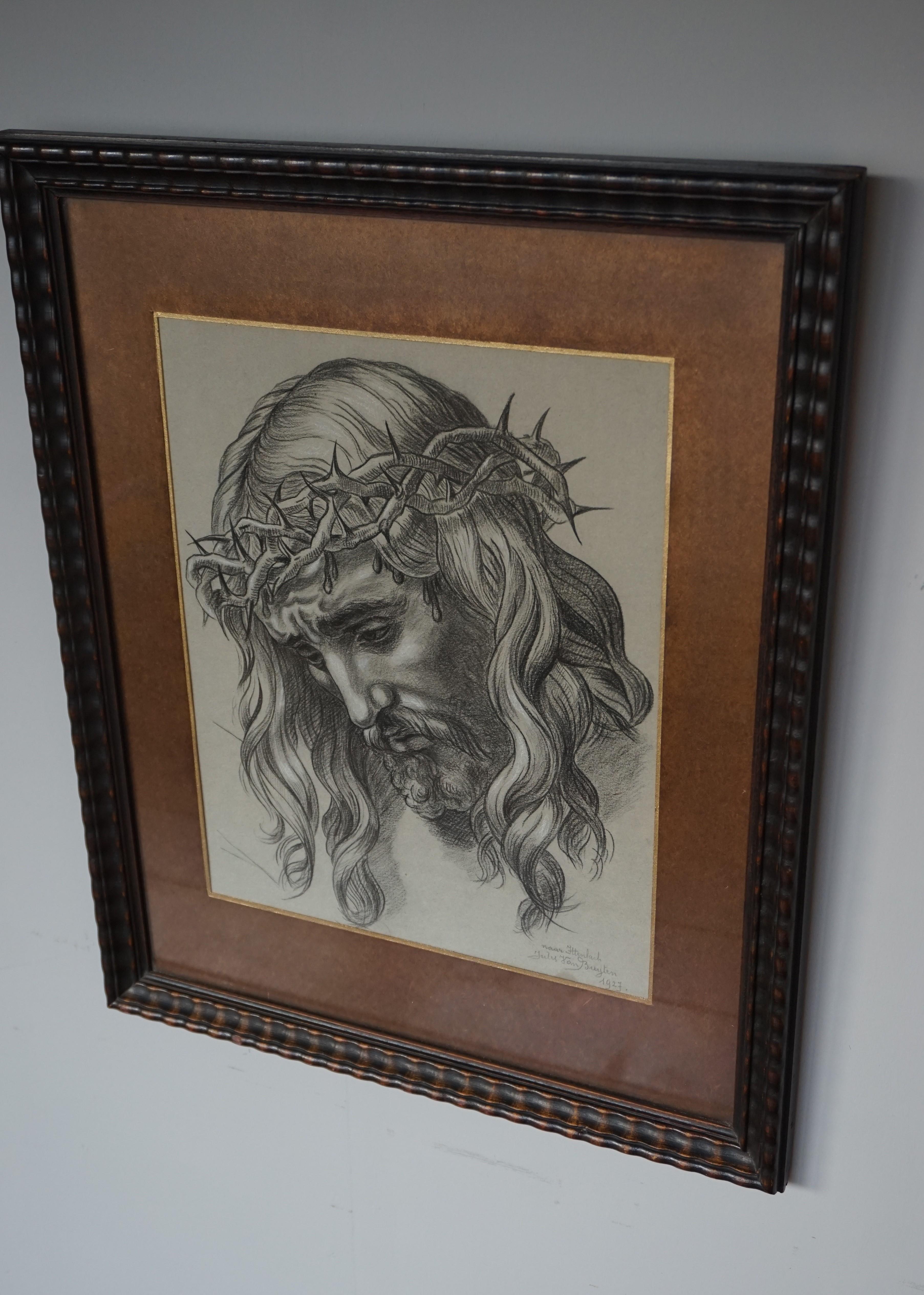 Glass Impressive One of a Kind Antique Drawing of Christ Suffering, after F. Ittenbach