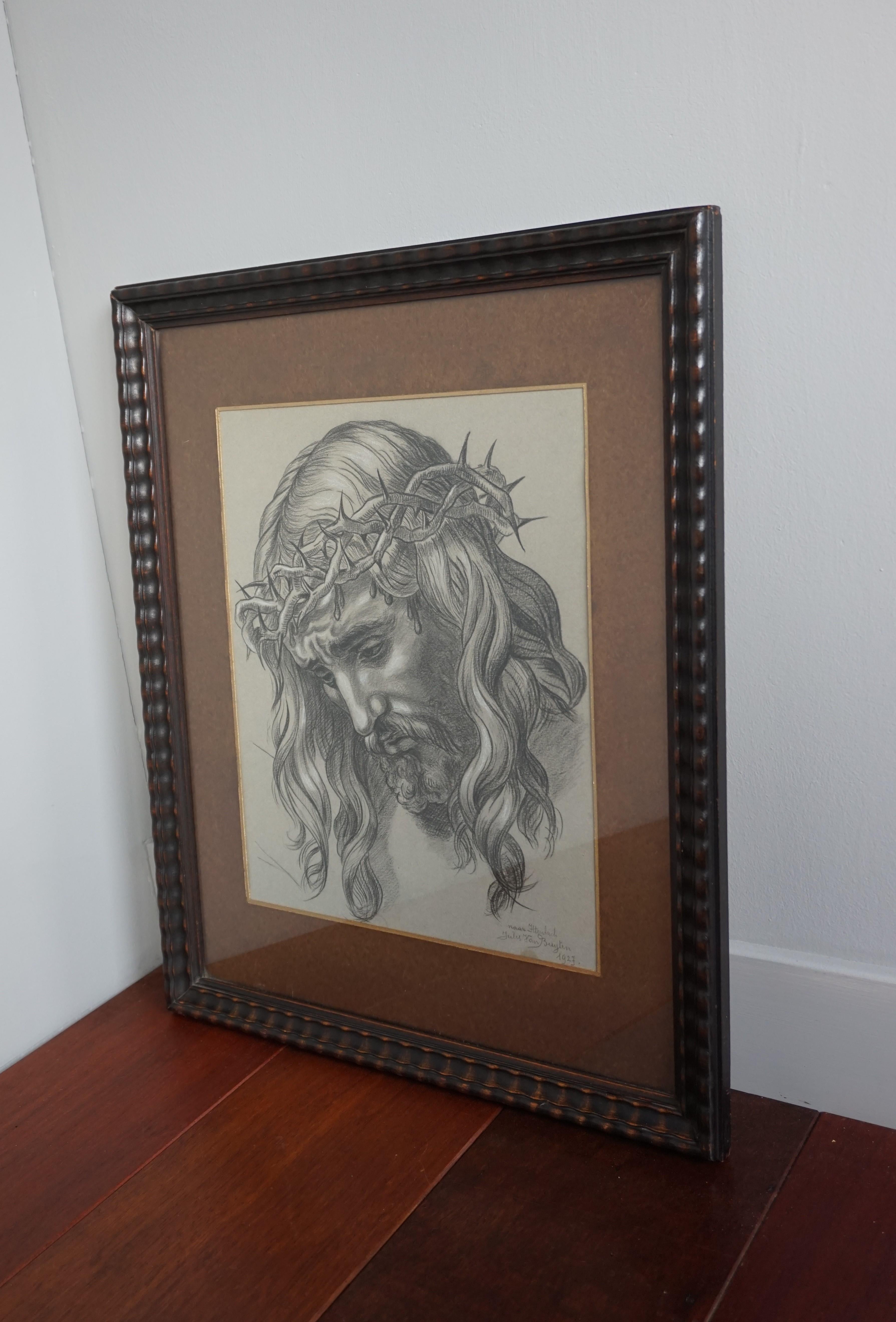 Impressive One of a Kind Antique Drawing of Christ Suffering, after F. Ittenbach In Excellent Condition In Lisse, NL