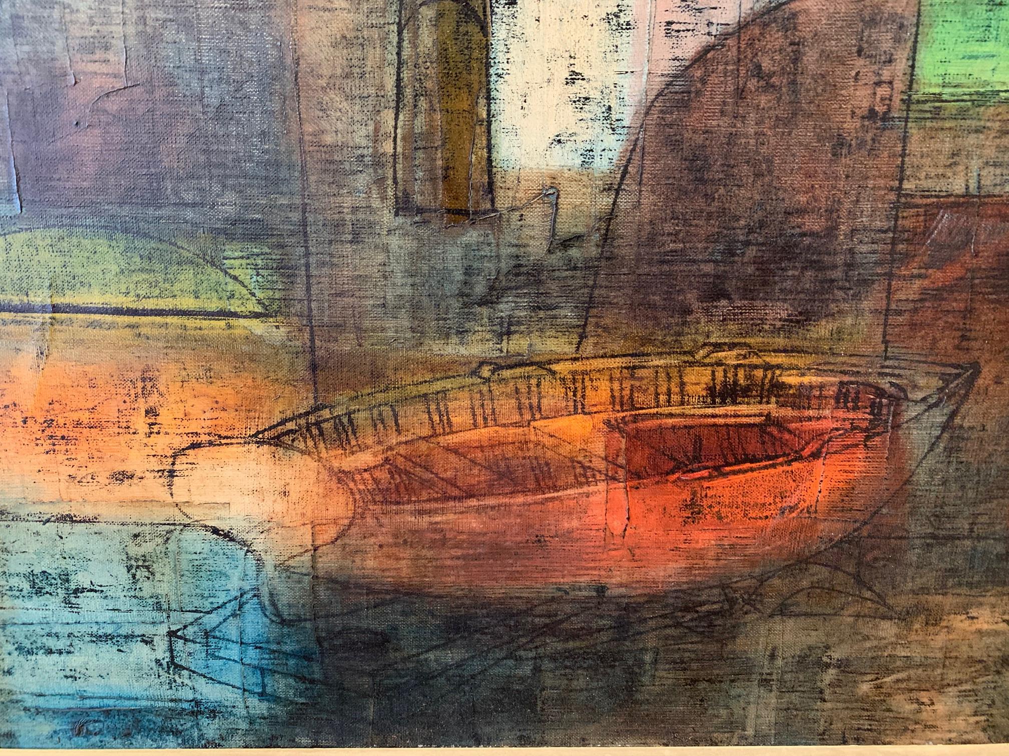 Original oil on canvas in primary colors with richly textured surface and visible rendering of a boat.
Signed lower left
Original custom frame by Heydenryk, NY.
  