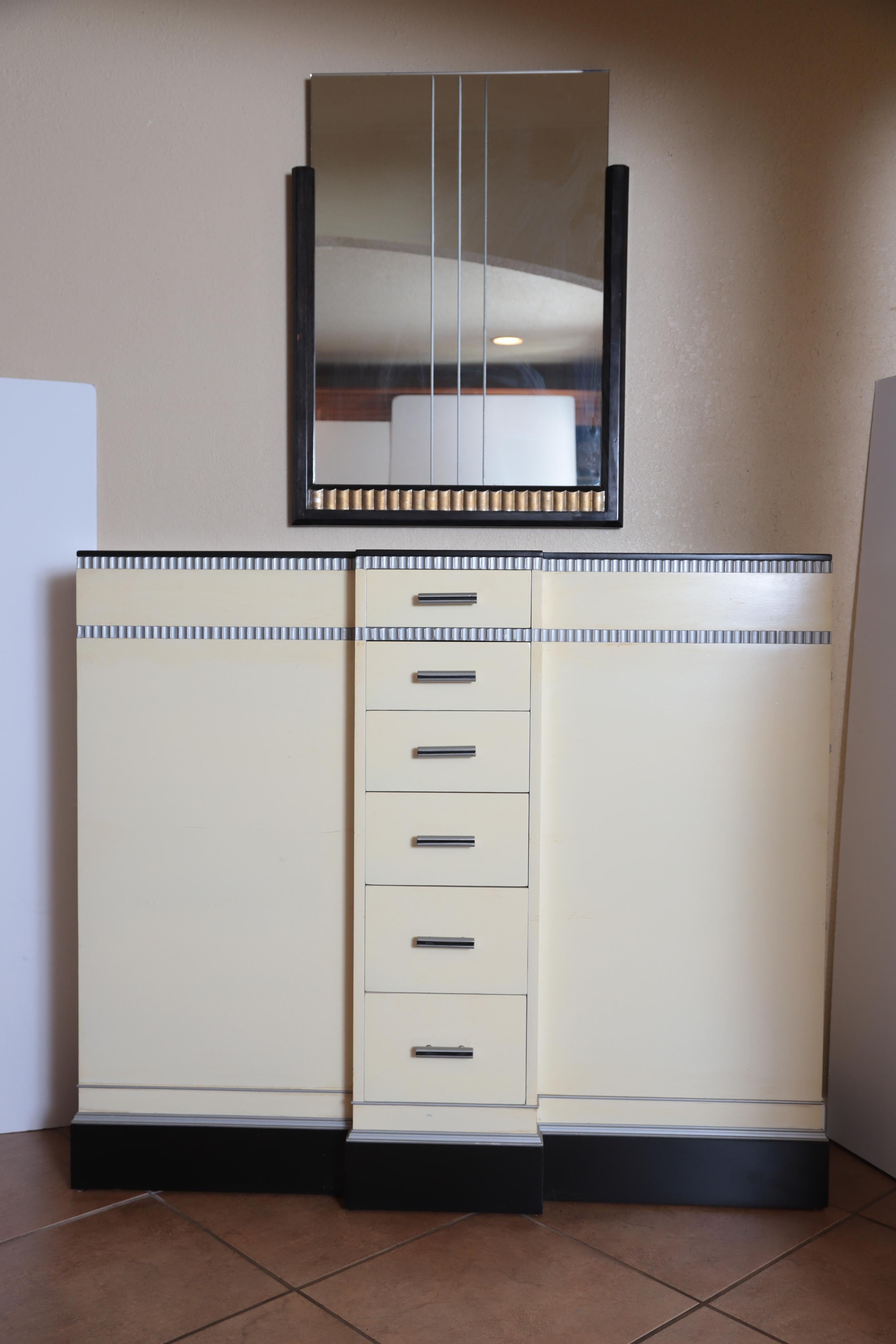 American Art Deco Machine Age Skyscraper Kittinger Console Chest, Matching Mirror, Mont