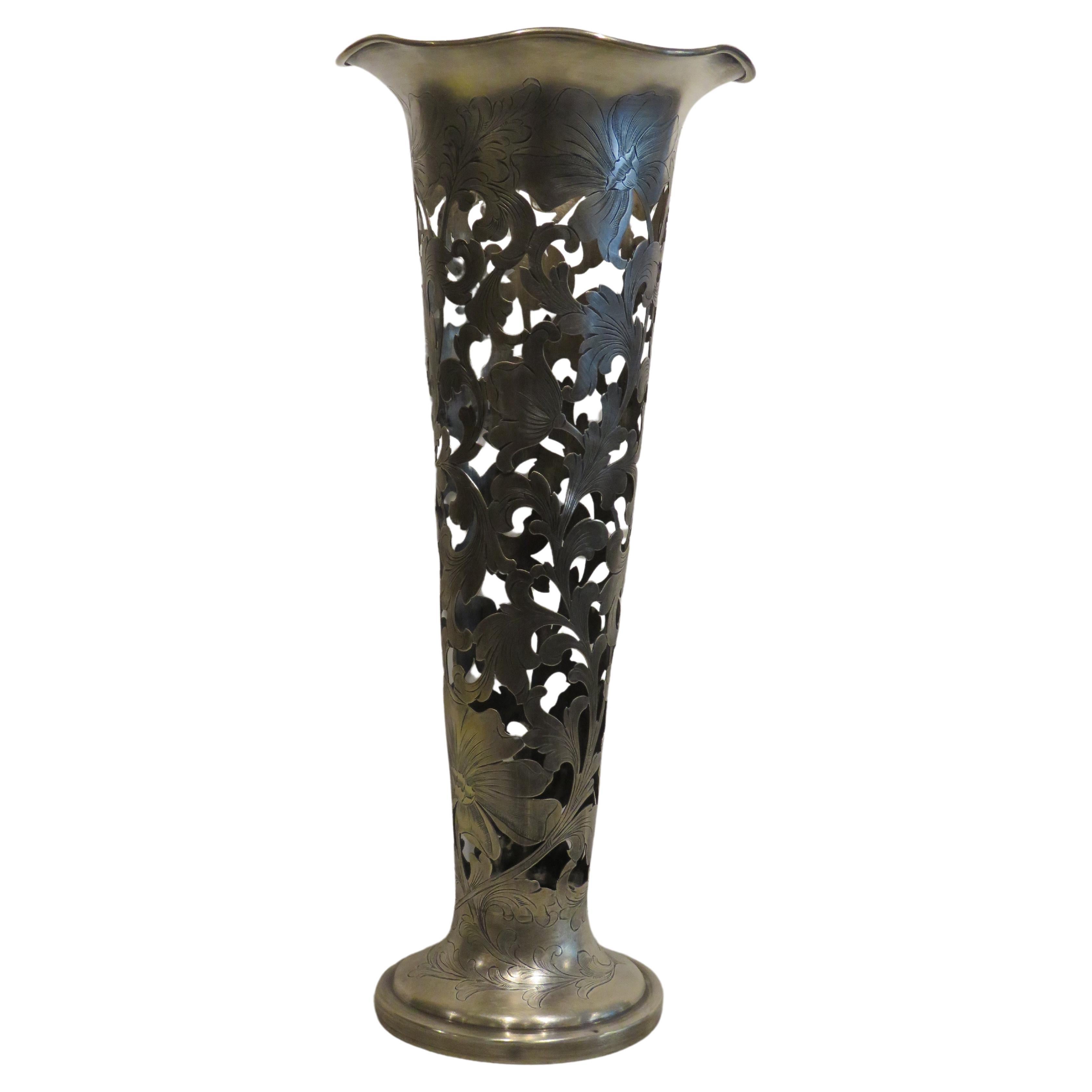 Impressive Original Large 19th Century Shreve Crump and Lowe Silver Trumpet Vase For Sale