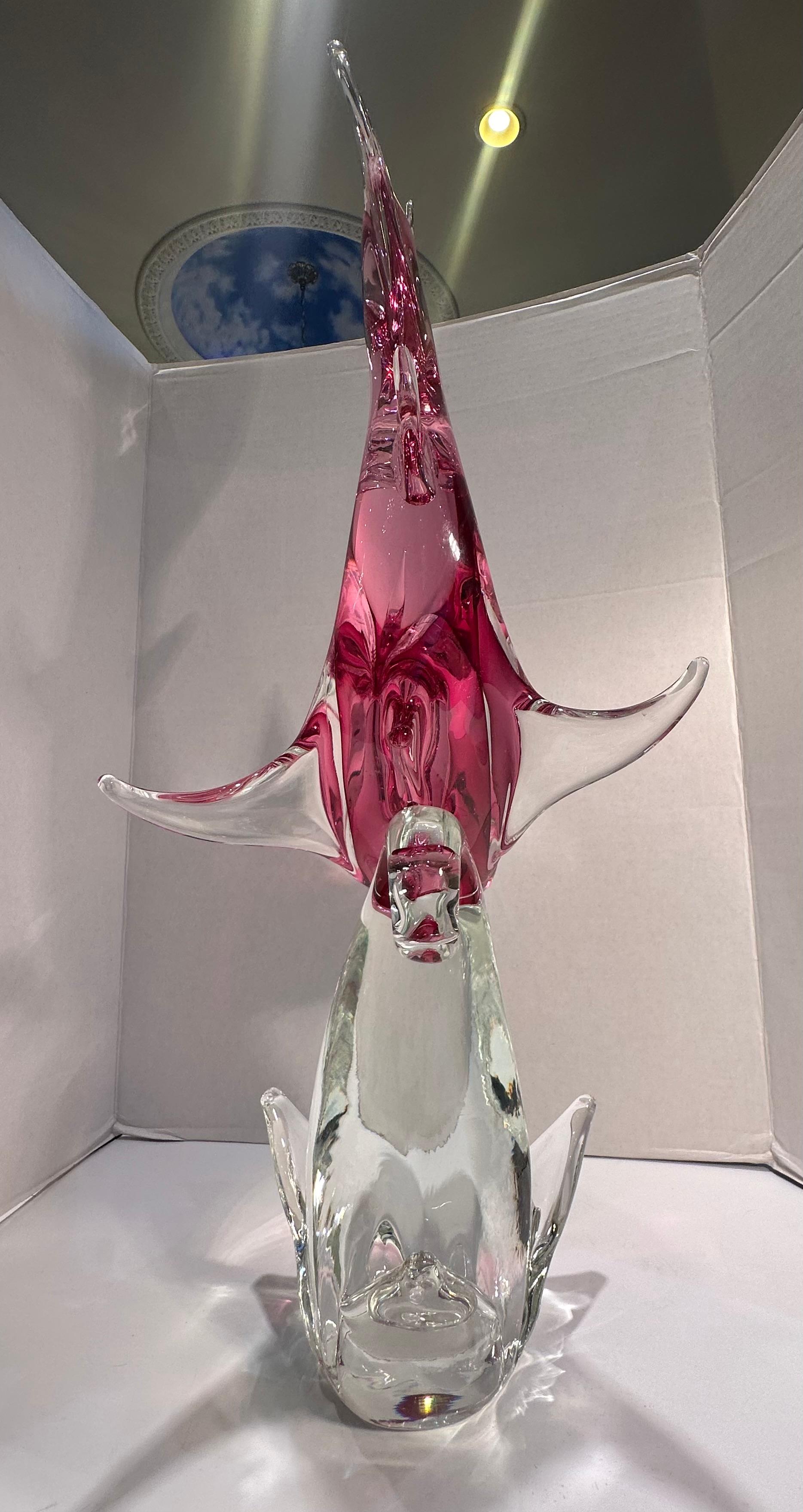 Impressive Over Two Feet Tall Murano Art Glass Hot Pink Shark on a Wave Figurine For Sale 2