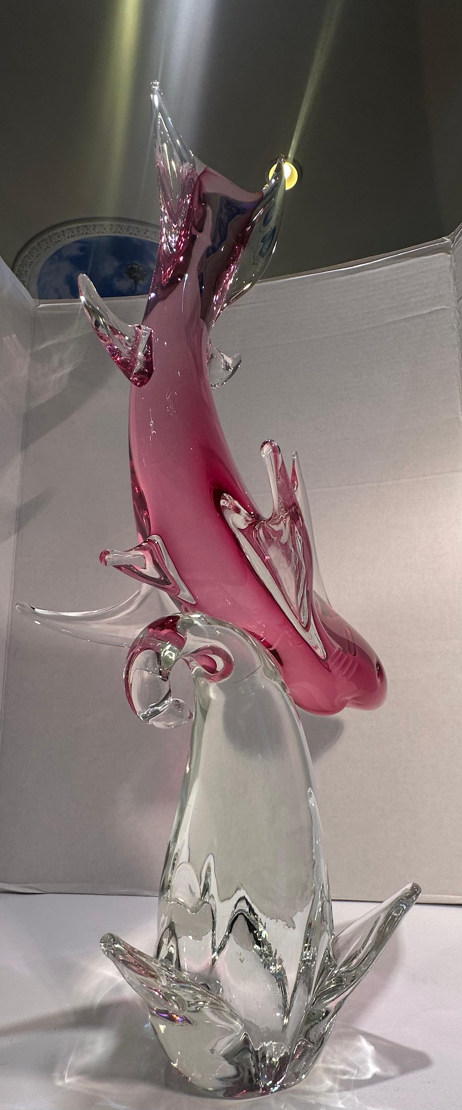 Impressive Over Two Feet Tall Murano Art Glass Hot Pink Shark on a Wave Figurine For Sale 3