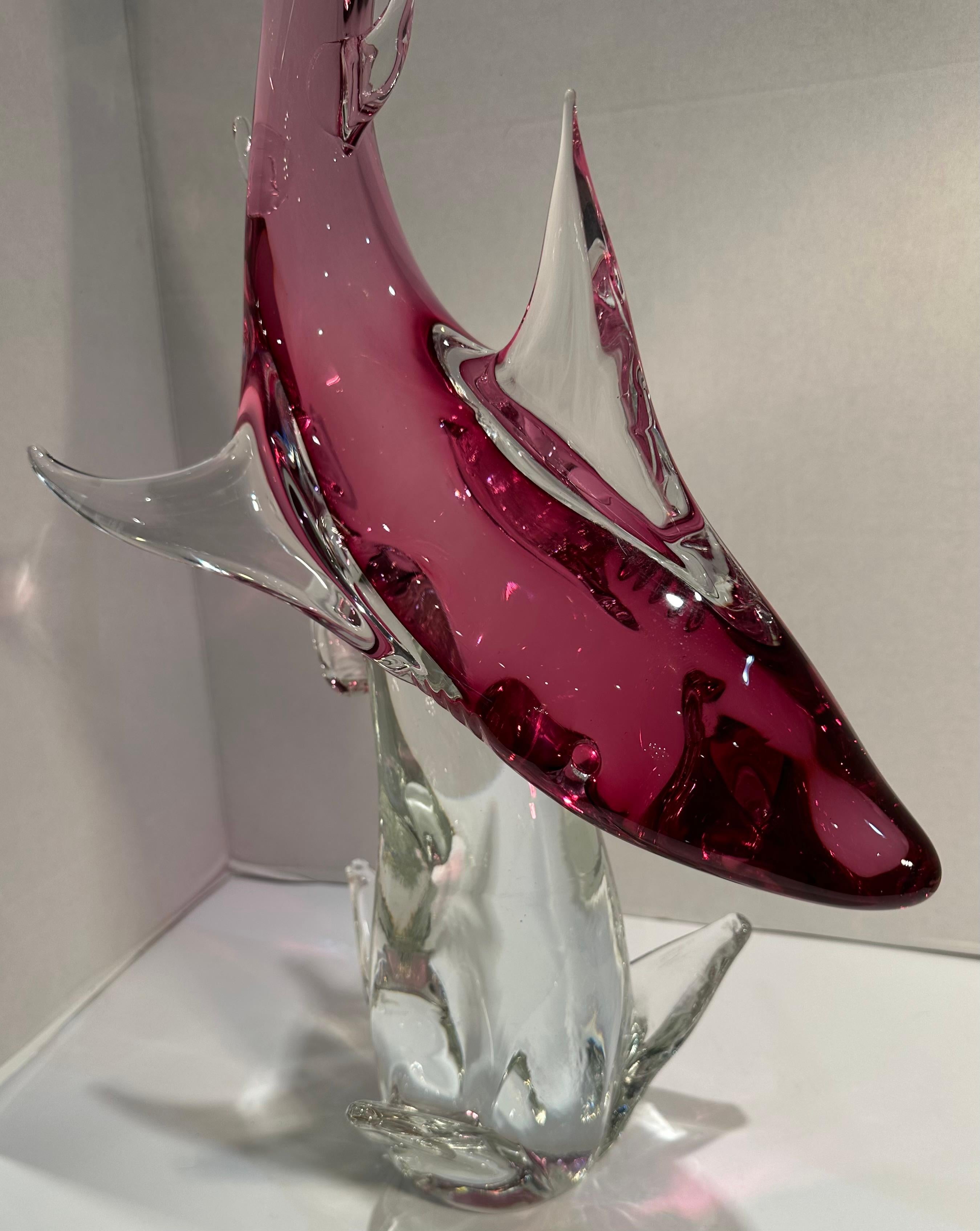 Impressive Over Two Feet Tall Murano Art Glass Hot Pink Shark on a Wave Figurine For Sale 5