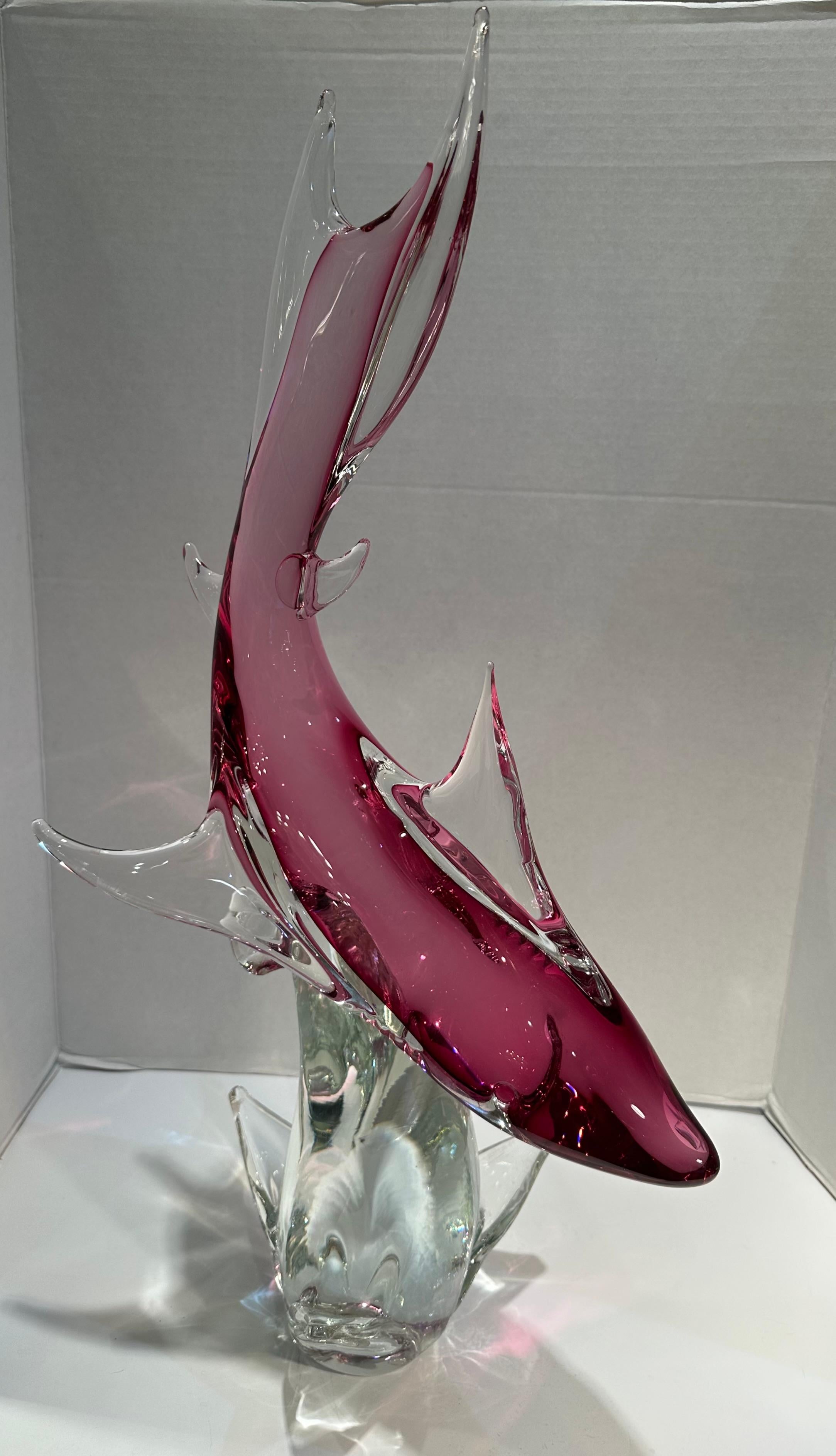 Impressive Over Two Feet Tall Murano Art Glass Hot Pink Shark on a Wave Figurine For Sale 6