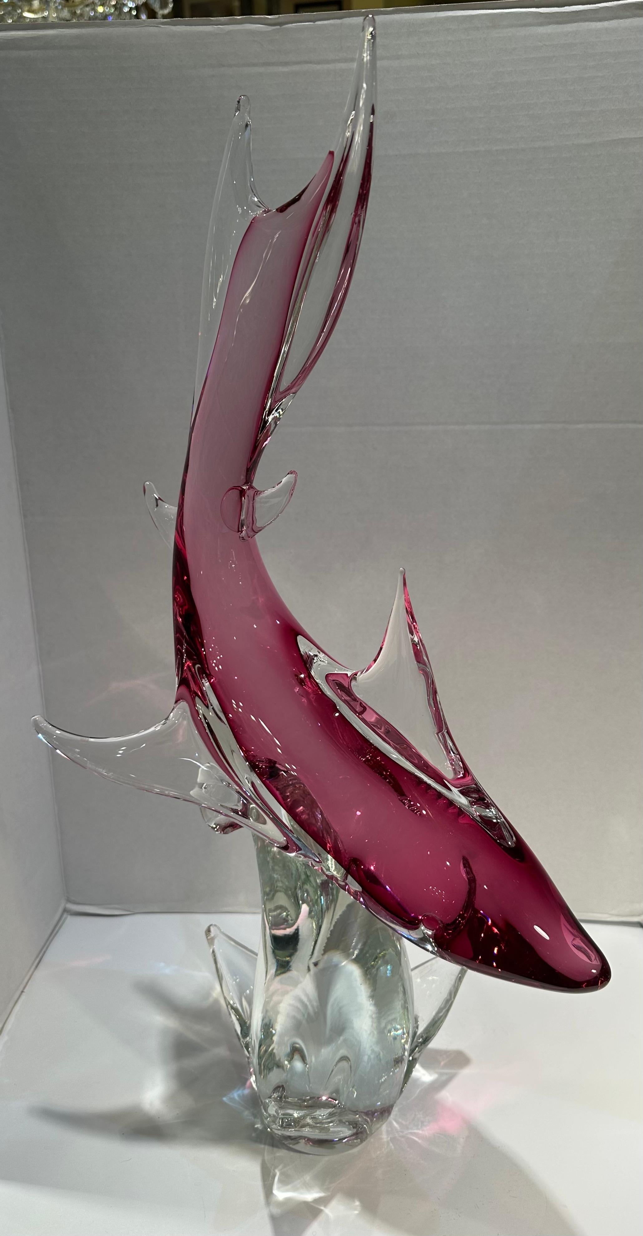 Impressive Over Two Feet Tall Murano Art Glass Hot Pink Shark on a Wave Figurine For Sale 7