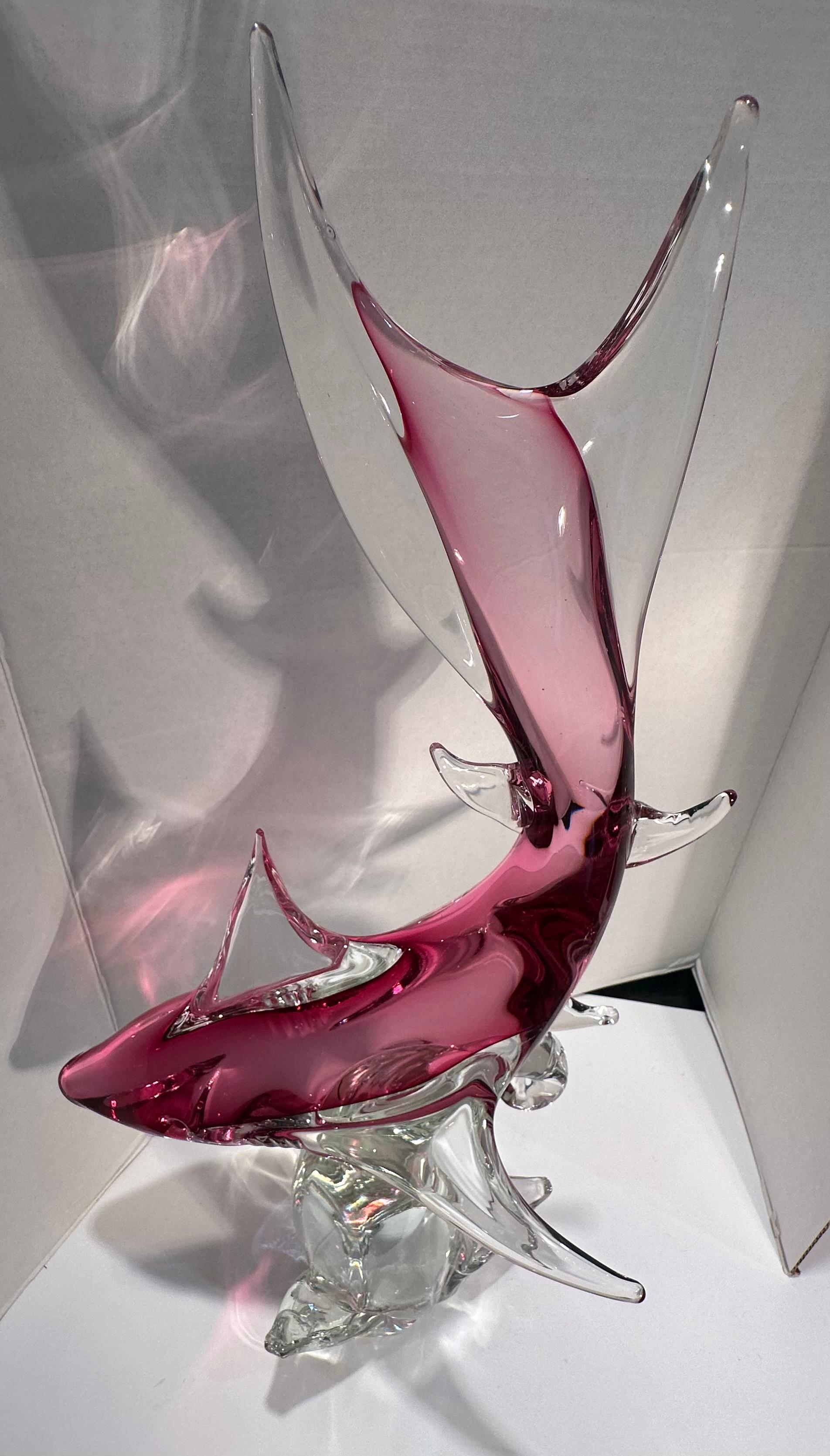 Modern Impressive Over Two Feet Tall Murano Art Glass Hot Pink Shark on a Wave Figurine For Sale
