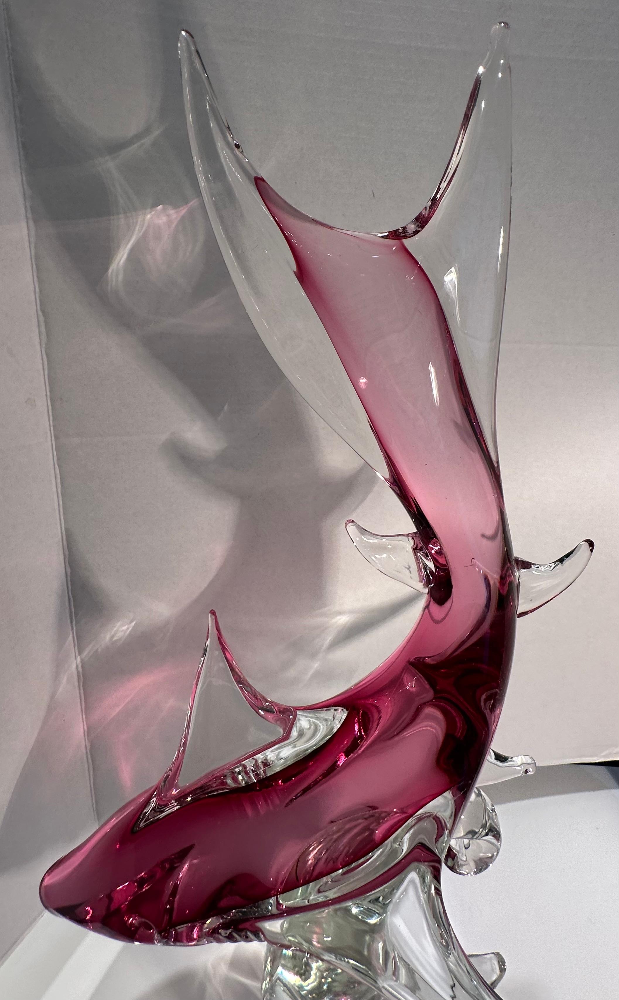 Italian Impressive Over Two Feet Tall Murano Art Glass Hot Pink Shark on a Wave Figurine For Sale