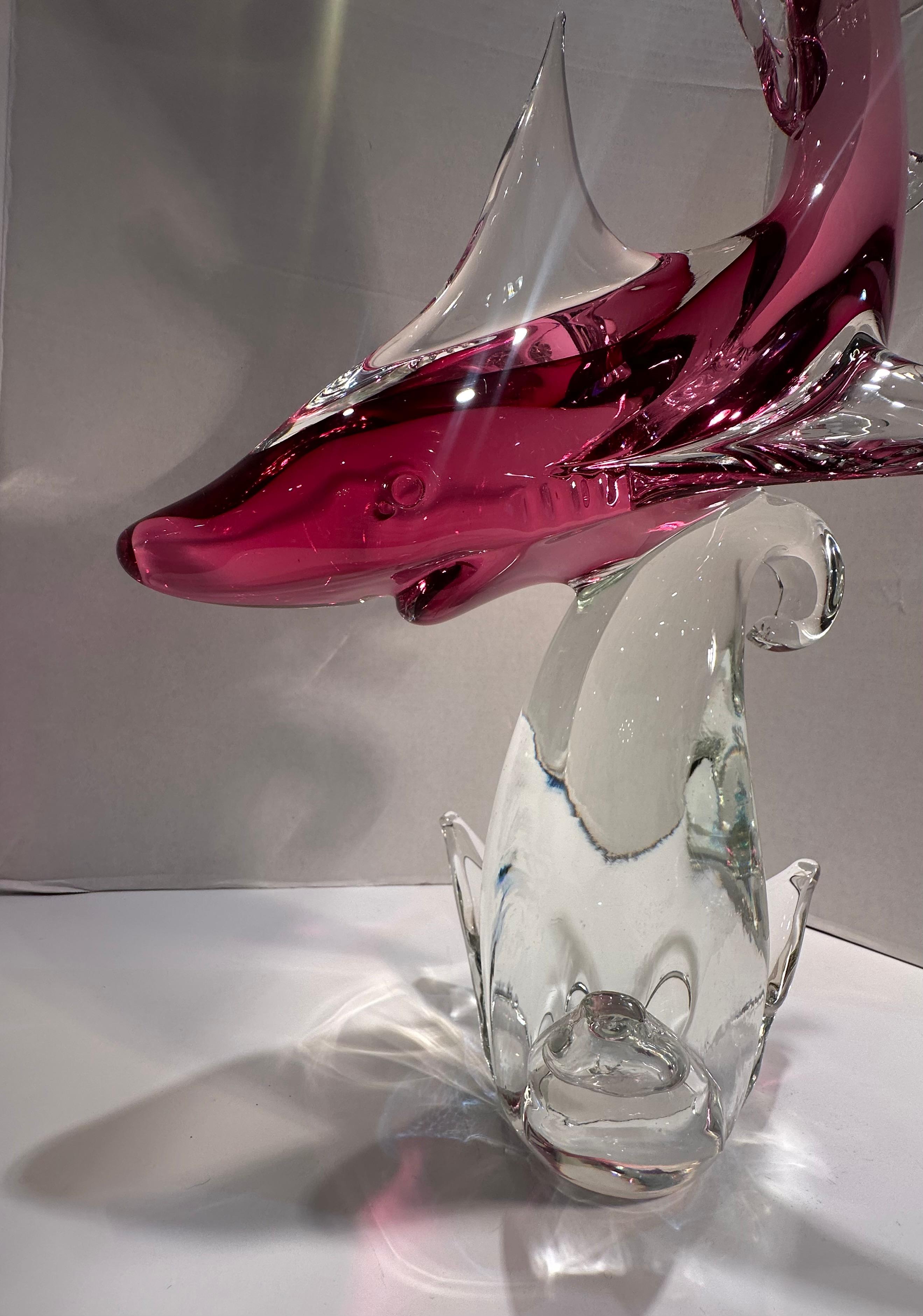 20th Century Impressive Over Two Feet Tall Murano Art Glass Hot Pink Shark on a Wave Figurine For Sale