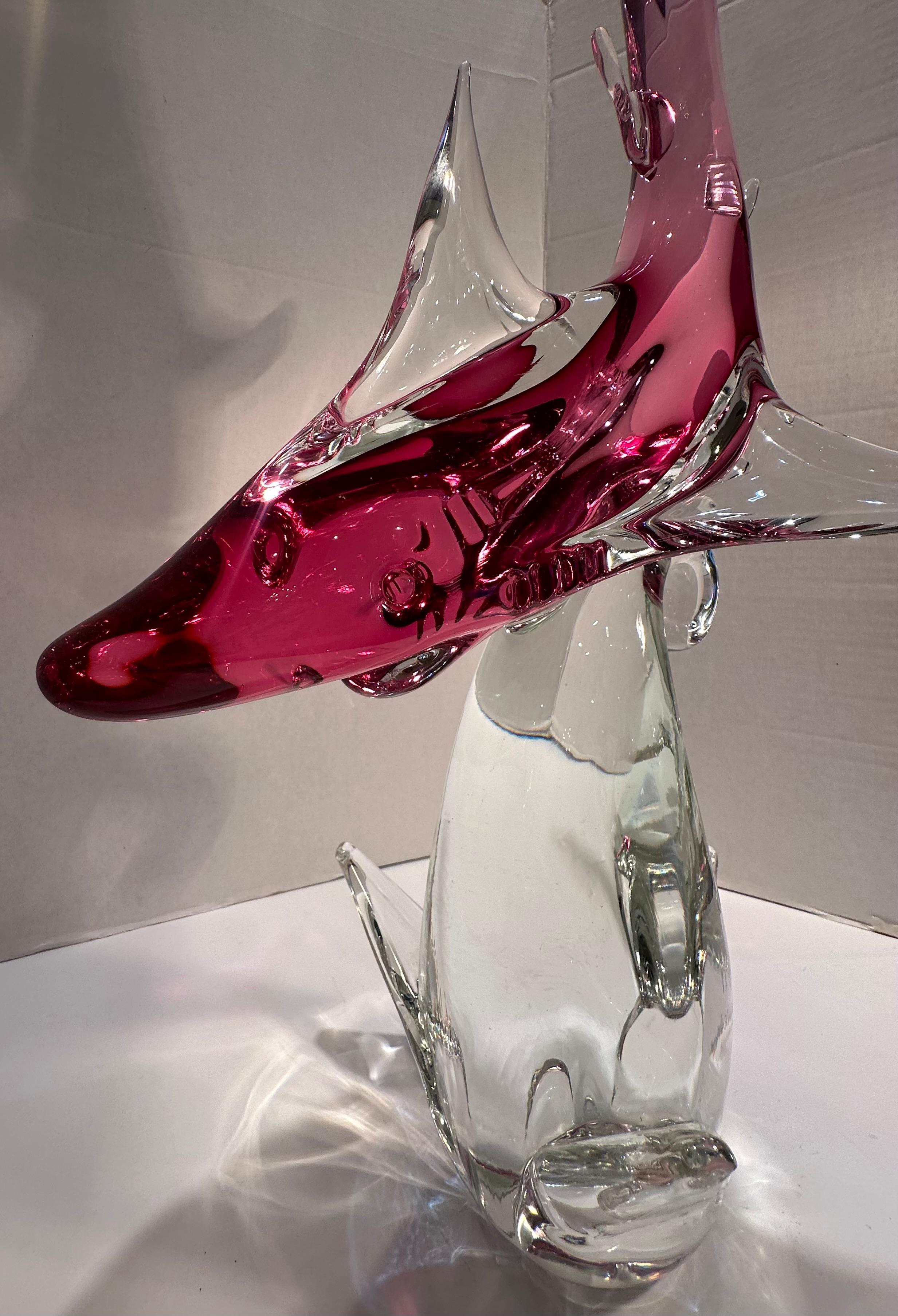 Murano Glass Impressive Over Two Feet Tall Murano Art Glass Hot Pink Shark on a Wave Figurine For Sale