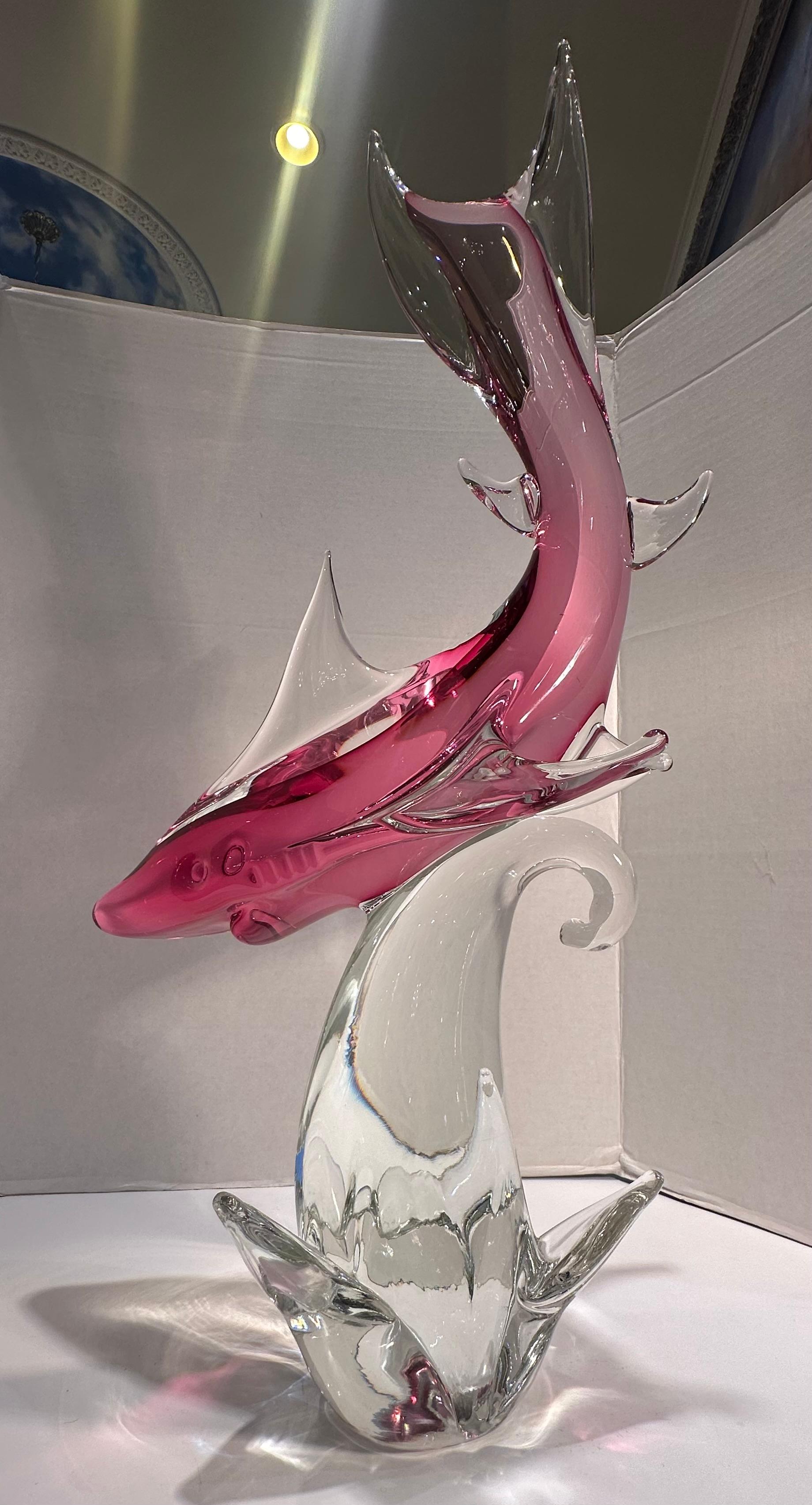 Impressive Over Two Feet Tall Murano Art Glass Hot Pink Shark on a Wave Figurine For Sale 1