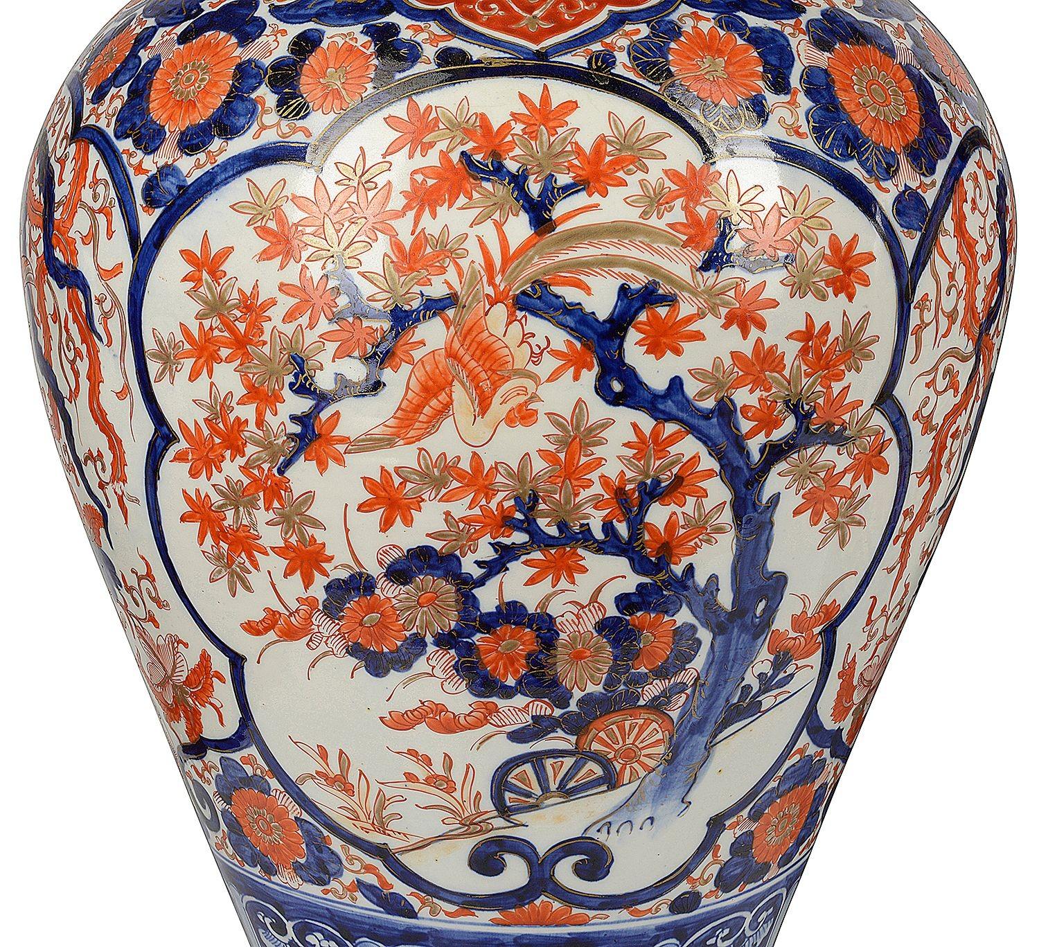 Hand-Painted Impressive Pair 19th Century Imari Lidded Vases For Sale