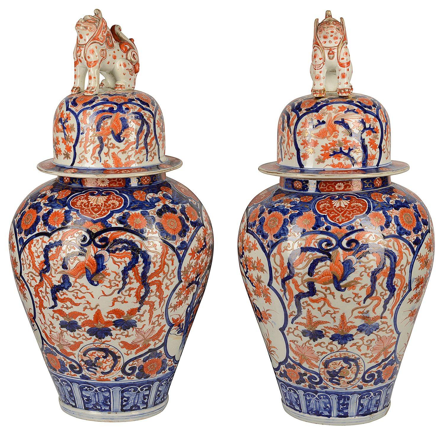 Porcelain Impressive Pair 19th Century Imari Lidded Vases For Sale
