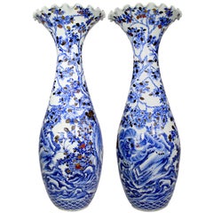 Impressive Pair 19th Century Japanese Meiji Period Export Blue Porcelain Vases